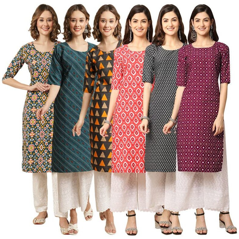 Pinkmint Women's Crepe Digital Print Straight Kurta [Pack Of 6](Kv-383-384-387-346-377-355-Xxl)