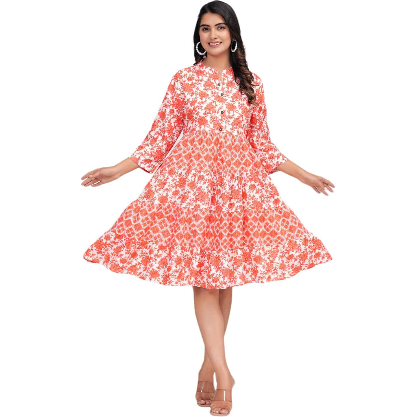Jikonet Women's Western Dress | Midi Dress Summer Short Dresses For Women (Large, Pinkish Orange)