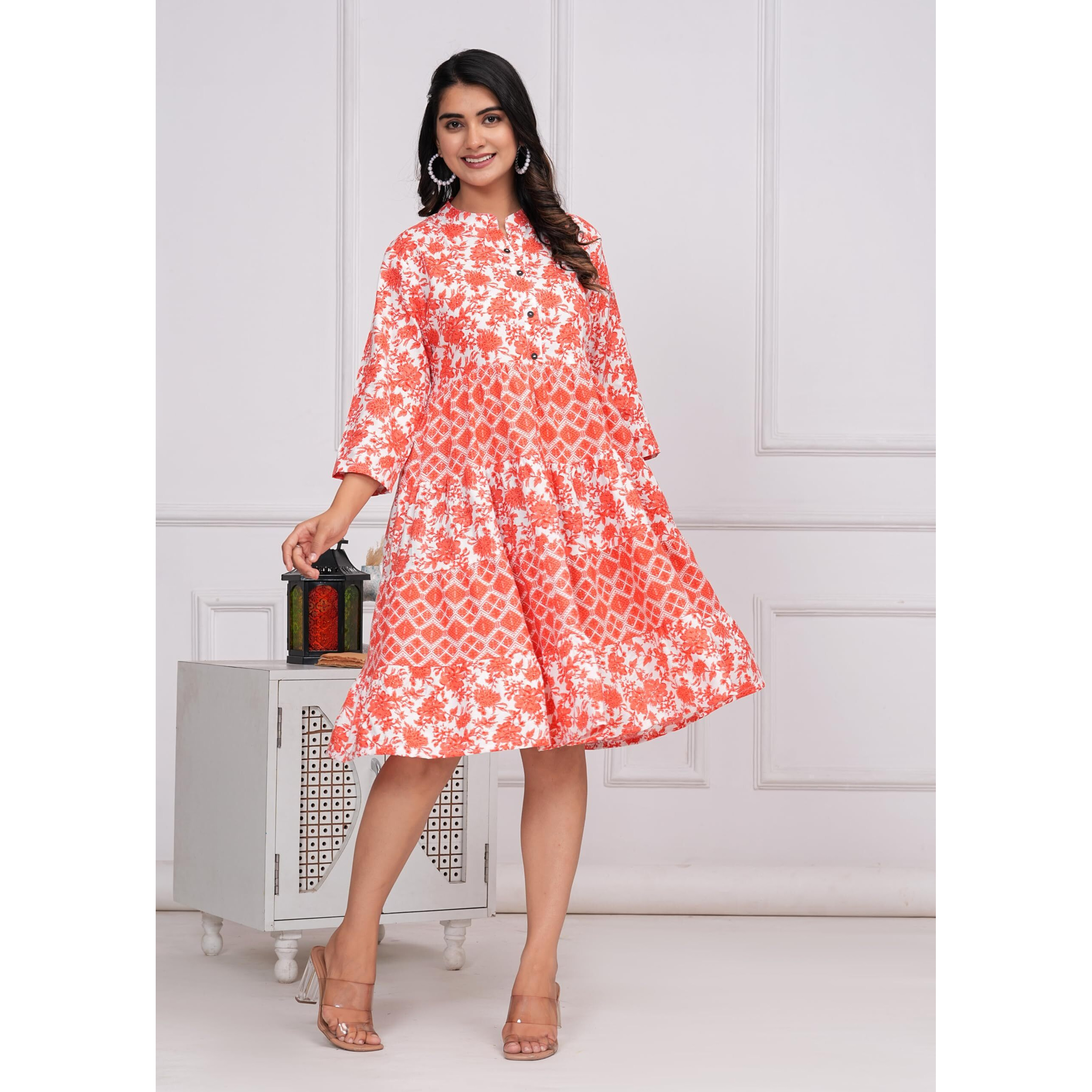 Jikonet Women's Western Dress | Midi Dress Summer Short Dresses For Women (Large, Pinkish Orange)