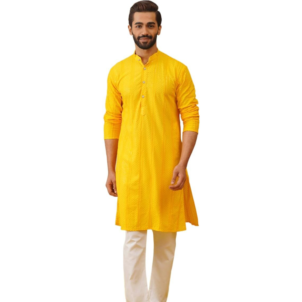 Jompers Men's Yellow Sequins Chikankari Embroidered Kurta With Pyjama (Yellow, L)