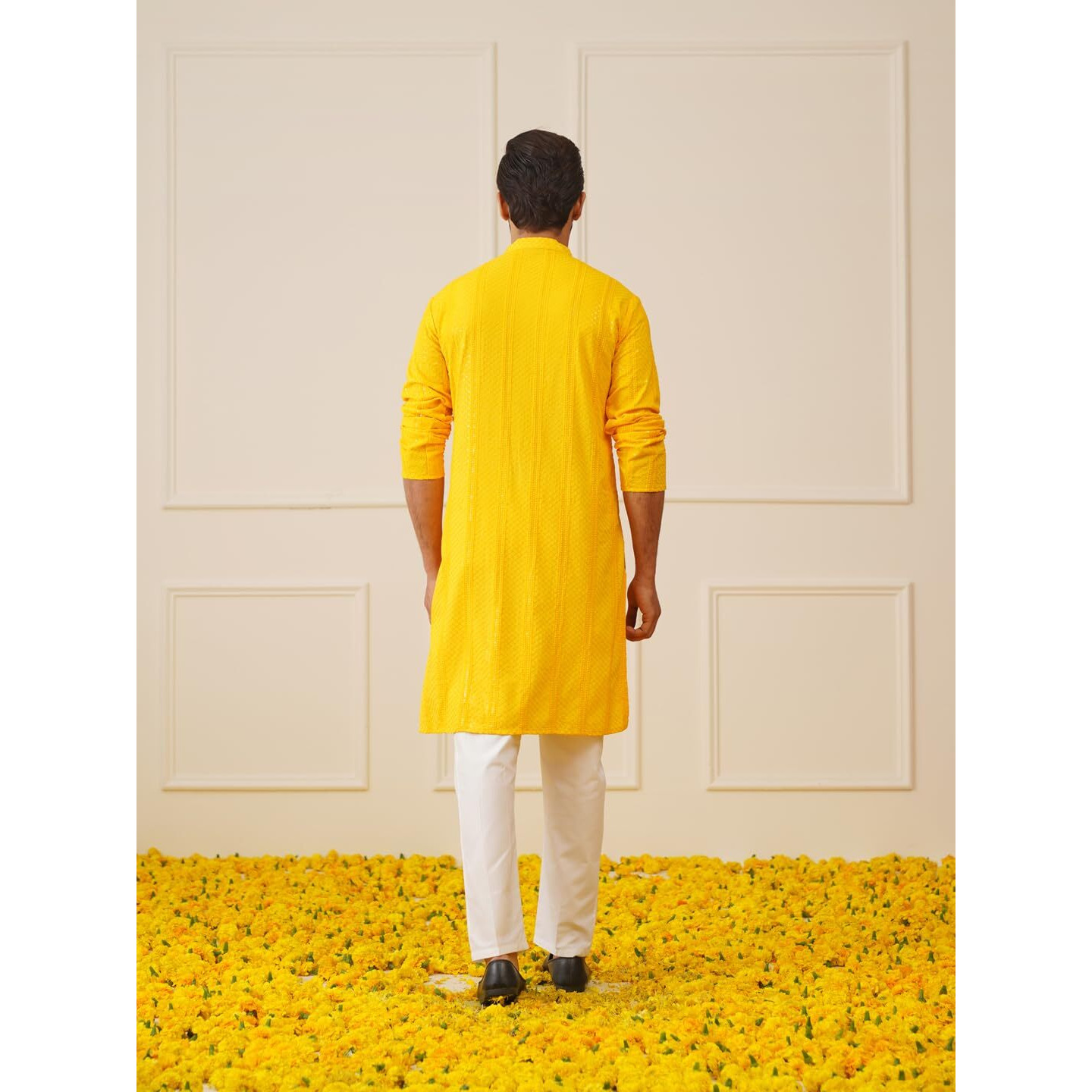 Jompers Men's Yellow Sequins Chikankari Embroidered Kurta With Pyjama (Yellow, L)