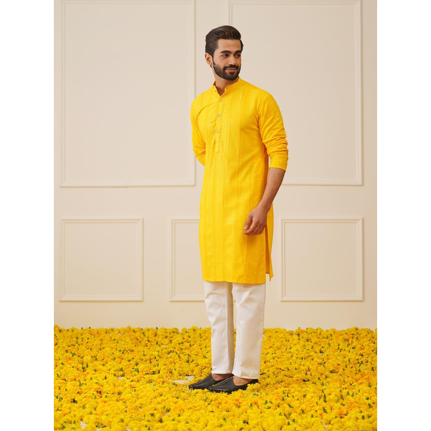 Jompers Men's Yellow Sequins Chikankari Embroidered Kurta With Pyjama (Yellow, L)