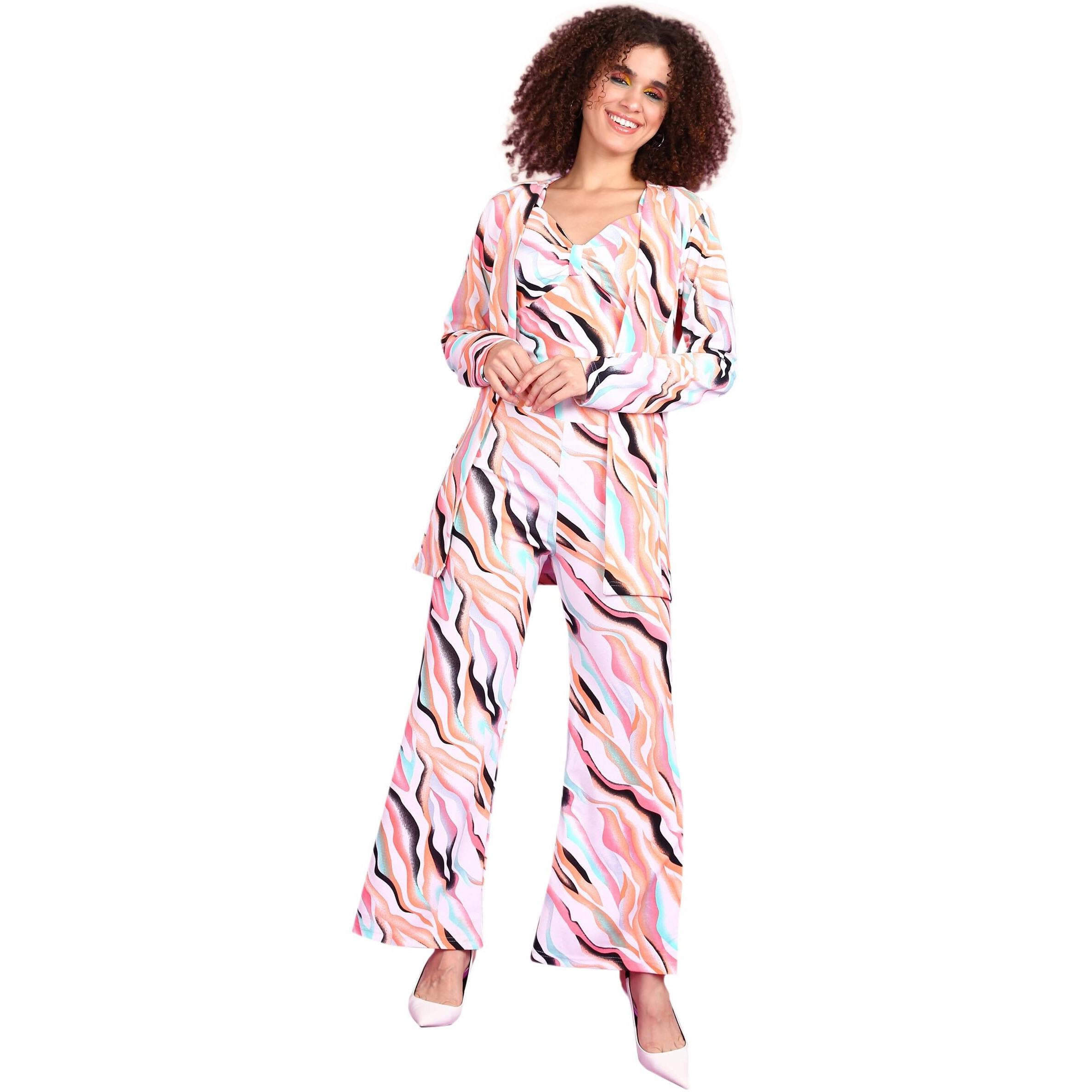 Popwings Casual 3 Pieces Co-Ords Set For Women | Women Shrug Top Trouser Set | Women Shrug Top And Trousers Set Summer Wear| 3 Pieces Co Ords Set For Office Multicolour