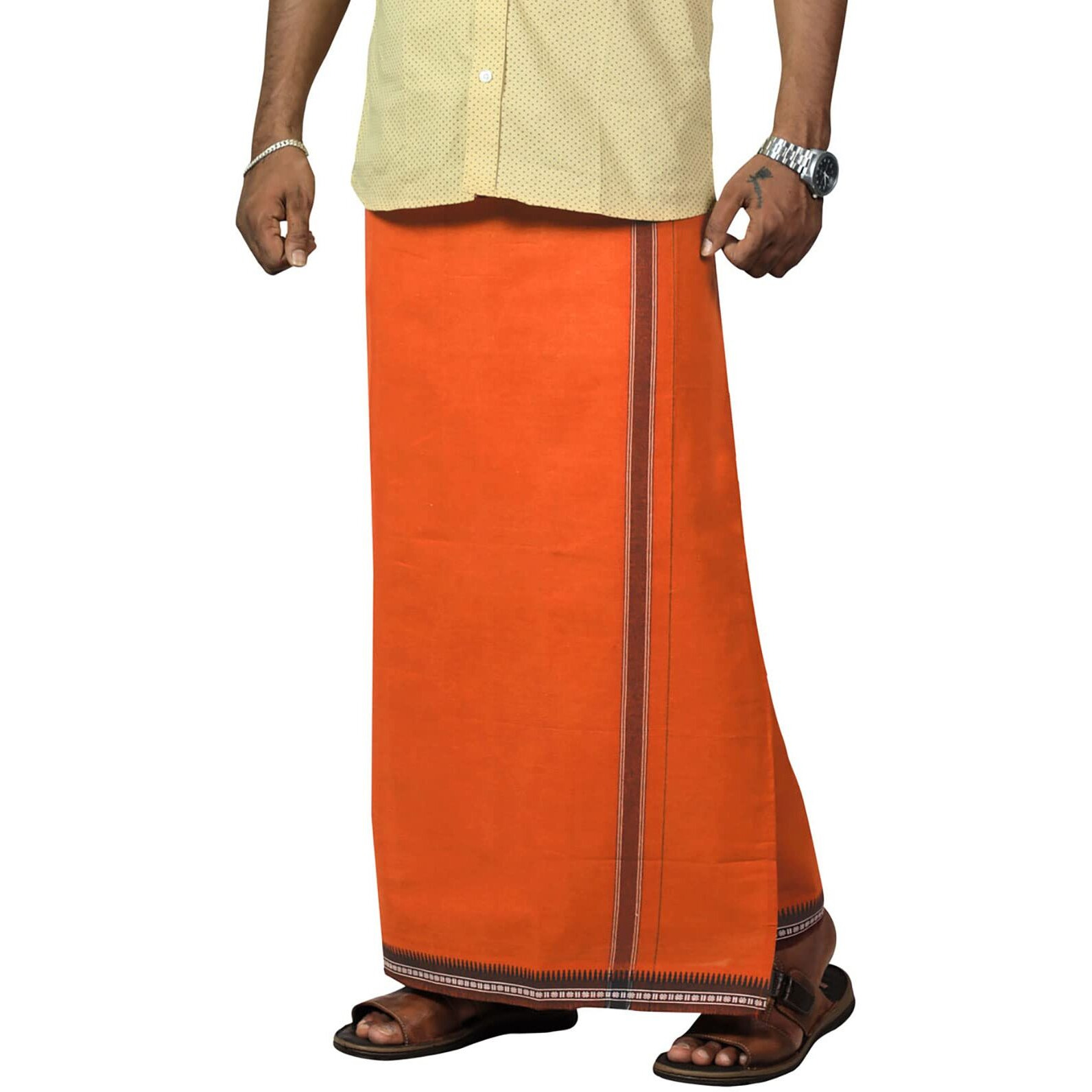 Prakasam Cotton Mens Single (1.28 X 2.00 Mtrs) Colour Thalapathi Border Dhoties Single Dhoties (Orange)