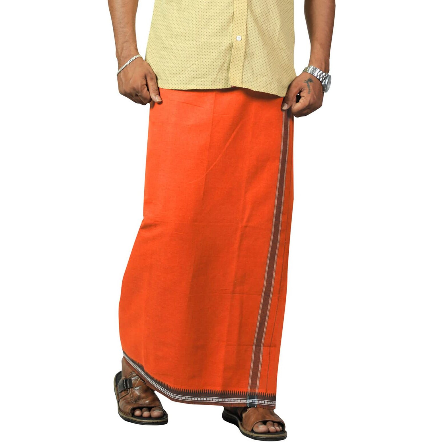 Prakasam Cotton Mens Single (1.28 X 2.00 Mtrs) Colour Thalapathi Border Dhoties Single Dhoties (Orange)