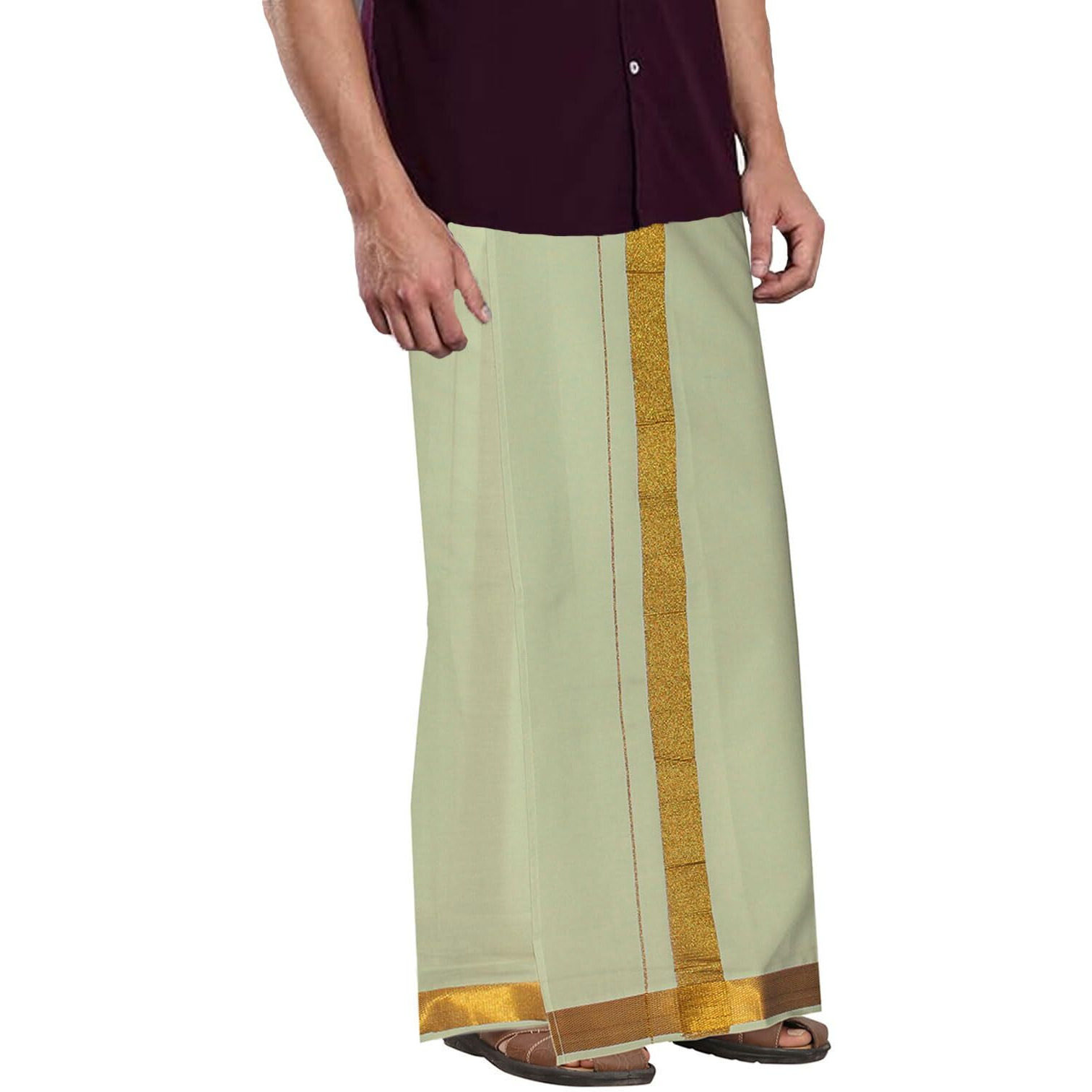 Prakasam Cotton Men's Rich Quality Cream Colour 2 Inch Gold Jari Border Welcro Pocket Dhoti/Size Hip -32 Inches- Length- 42 Inches