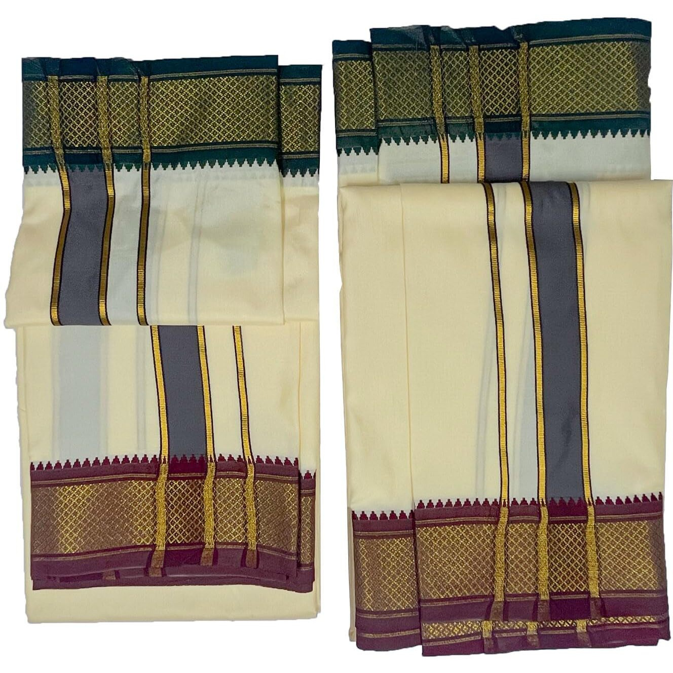 Prakasam Cotton Mens Blended Silk Type Pet Dhoti With Matching Towel/Dhoti1.28X3.60Mtr/1.28X1.80Mtr Towel/8 Mulam Vesti & 4 Mulam Towel (Cream)