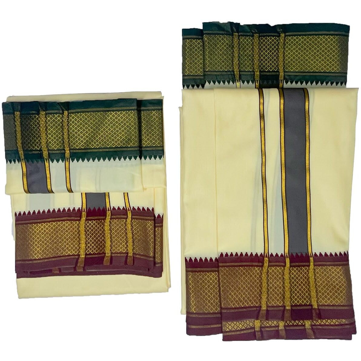 Prakasam Cotton Mens Blended Silk Type Pet Dhoti With Matching Towel/Dhoti1.28X3.60Mtr/1.28X1.80Mtr Towel/8 Mulam Vesti & 4 Mulam Towel (Cream)