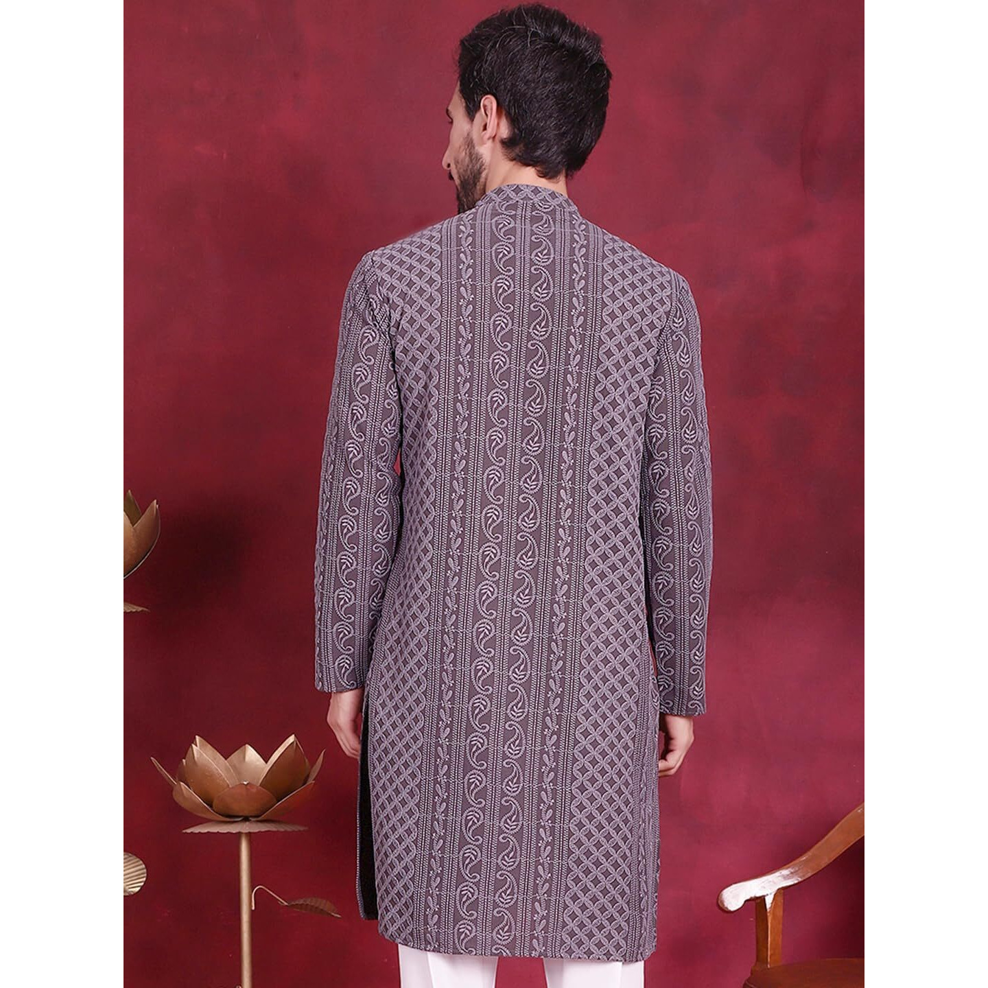 Jompers Men Chikankari Embroidered Kurtas (Grey, S)