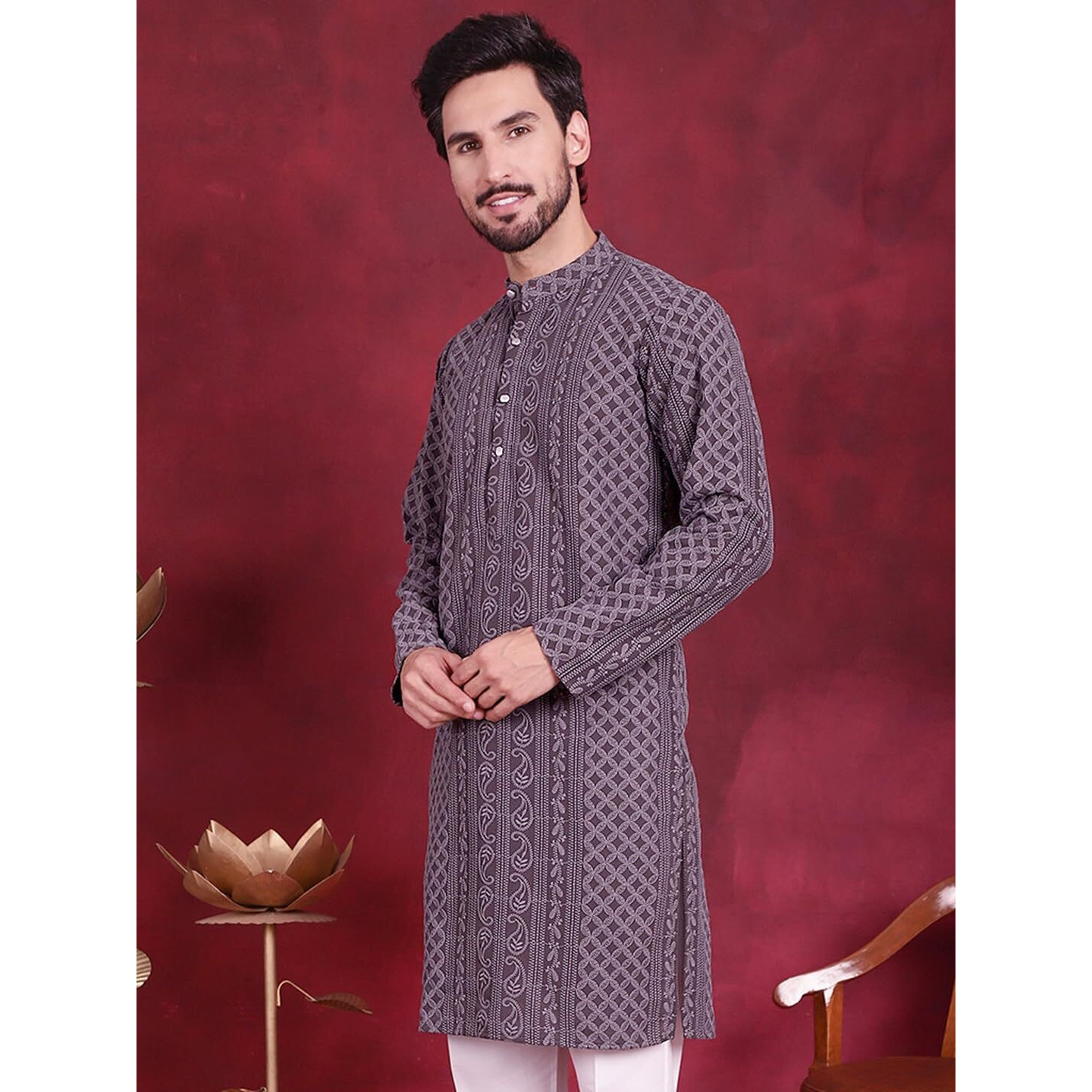 Jompers Men Chikankari Embroidered Kurtas (Grey, S)
