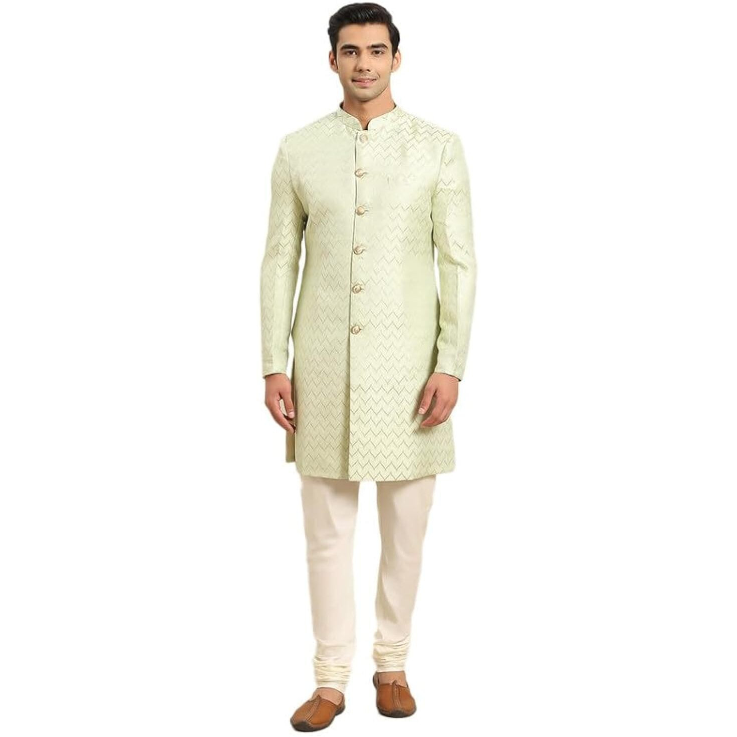 Kisah Men's Sherwani Churidar Set Indo-Western, Green Silk Blend, Jacquard Long Sleeves Regular Fit Mandarin Collar (Large)