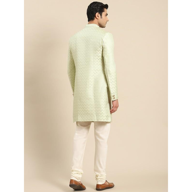 Kisah Men's Sherwani Churidar Set Indo-Western, Green Silk Blend, Jacquard Long Sleeves Regular Fit Mandarin Collar (Large)