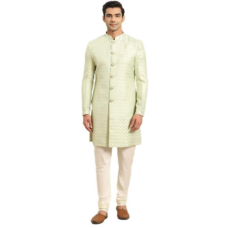 Kisah Men's Sherwani Churidar Set Indo-Western, Green Silk Blend, Jacquard Long Sleeves Regular Fit Mandarin Collar (Large)