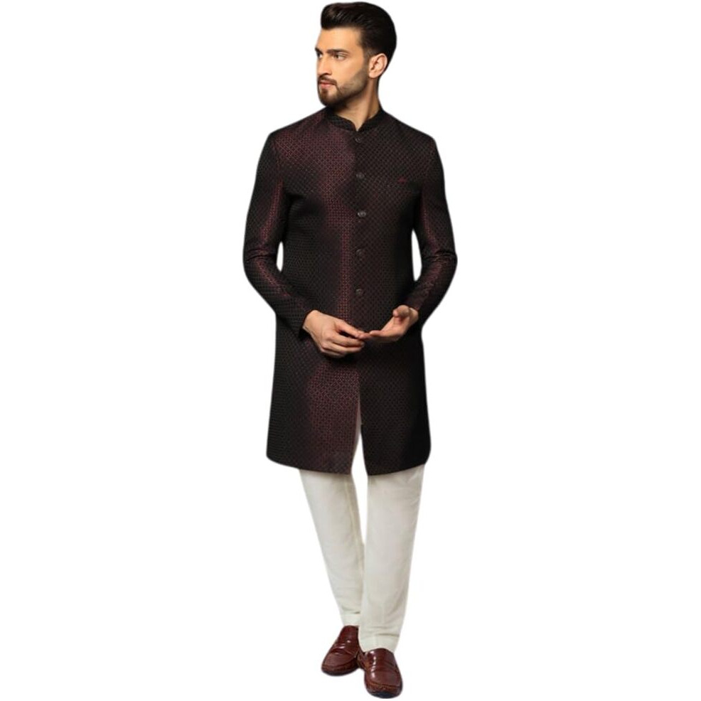 Kisah Men's Indo-Western Sherwani Churidar Set, Purple Cotton, Jacquard Regular Fit Mandarin Collar Long Sleeves (S)