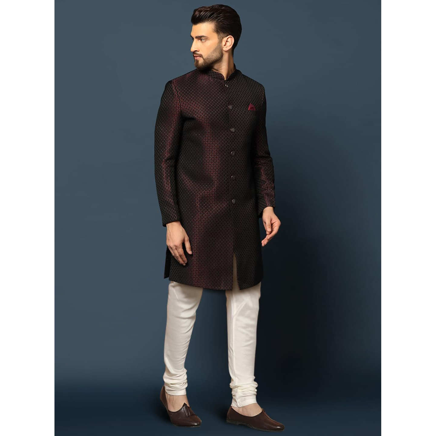 Kisah Men's Indo-Western Sherwani Churidar Set, Purple Cotton, Jacquard Regular Fit Mandarin Collar Long Sleeves (S)