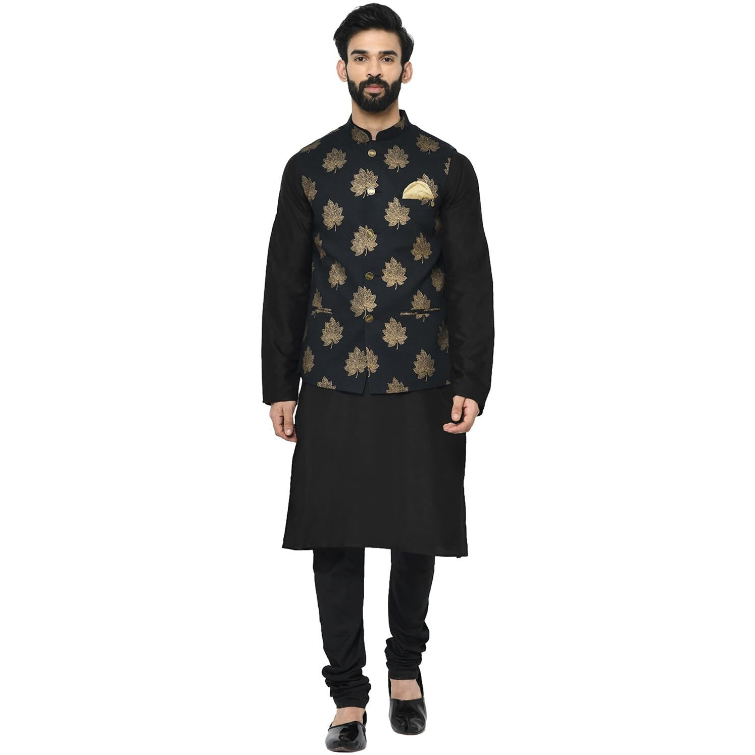 Kisah Men Black Kurta Jacket Set Cotton Blend Fabric Full Sleaves, Knee Length, Regular Fit, Mandarin Collar Ethnic Wear, 40