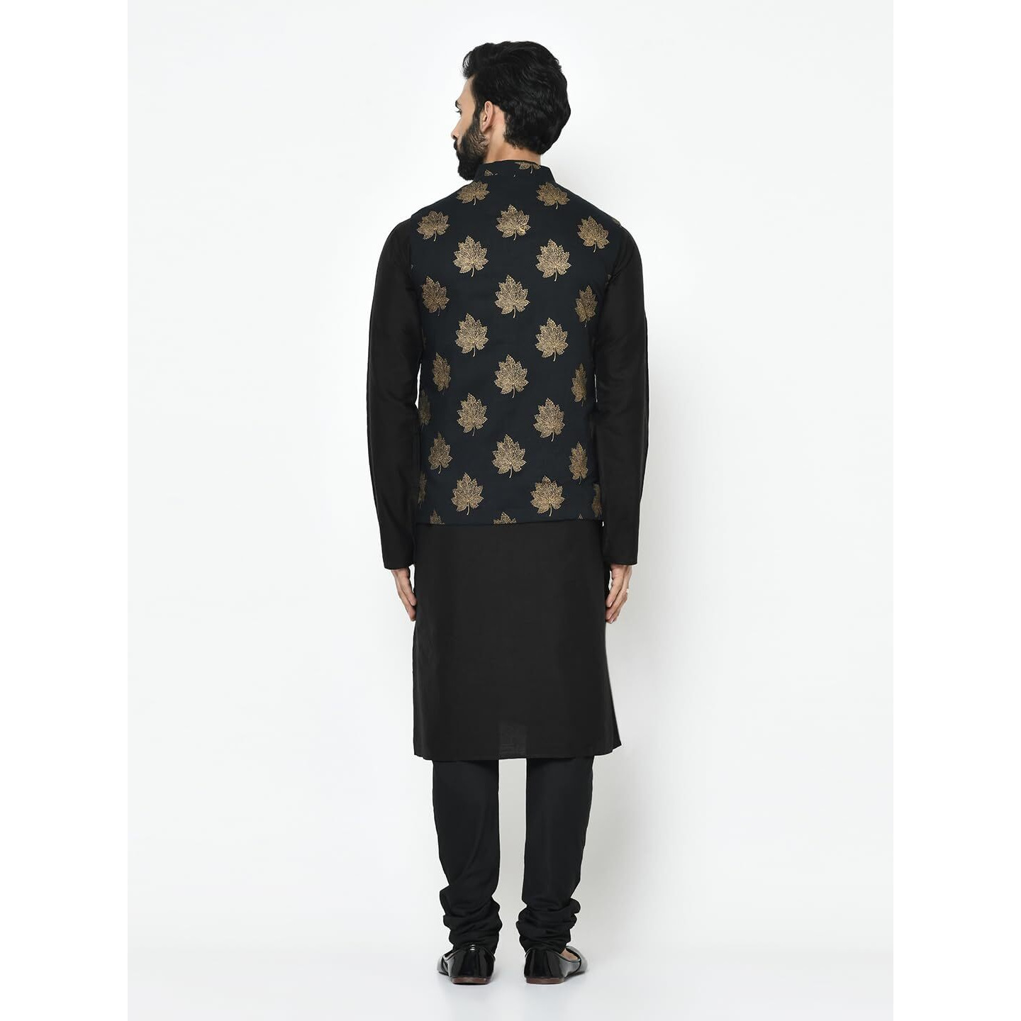 Kisah Men Black Kurta Jacket Set Cotton Blend Fabric Full Sleaves, Knee Length, Regular Fit, Mandarin Collar Ethnic Wear, 40