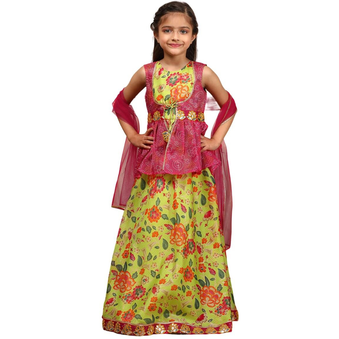 Pspeaches Girl's Cotton Blend With Dupatta (L-Greenkotajaal-10- Green_10-12Y)
