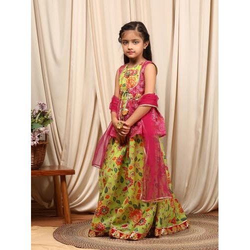 Pspeaches Girl's Cotton Blend With Dupatta (L-Greenkotajaal-10- Green_10-12Y)