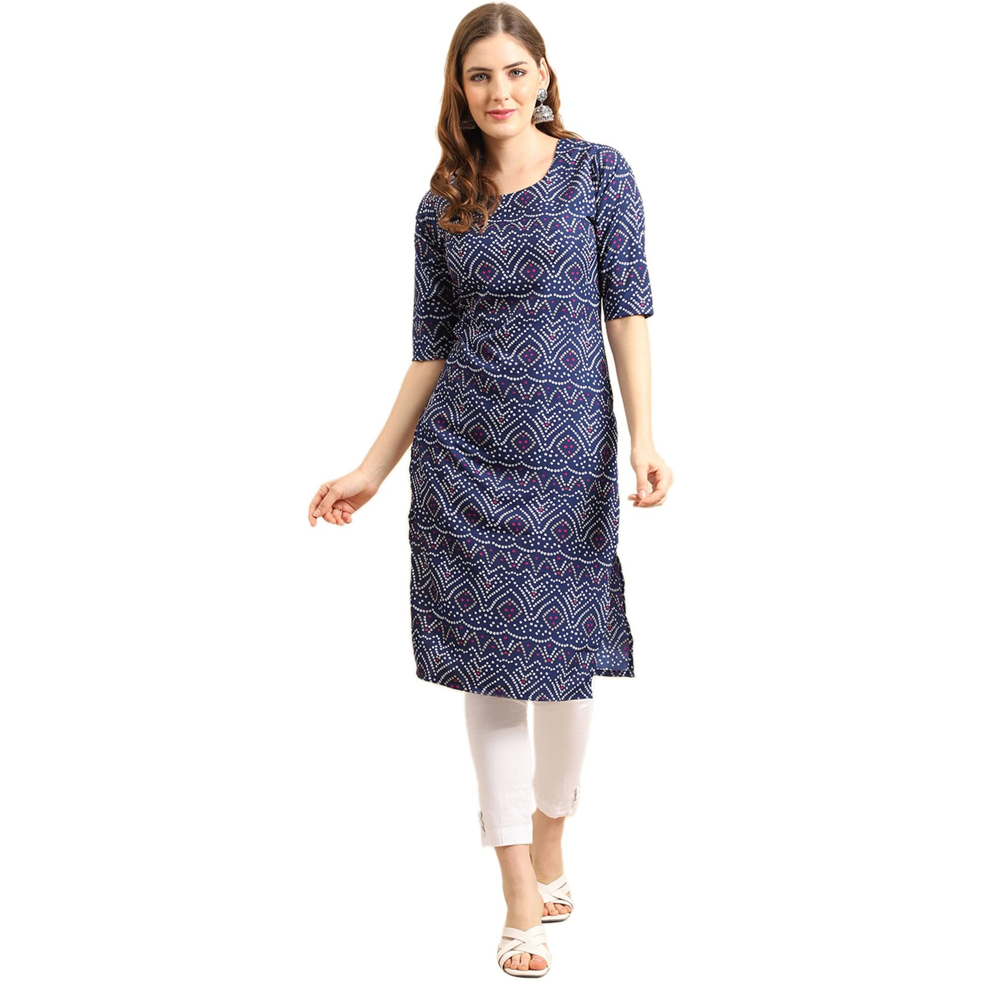 Pinkmint Women's Crepe Blue Color Bandhani Printed Straight Kurti (Ma-530375-Xl)