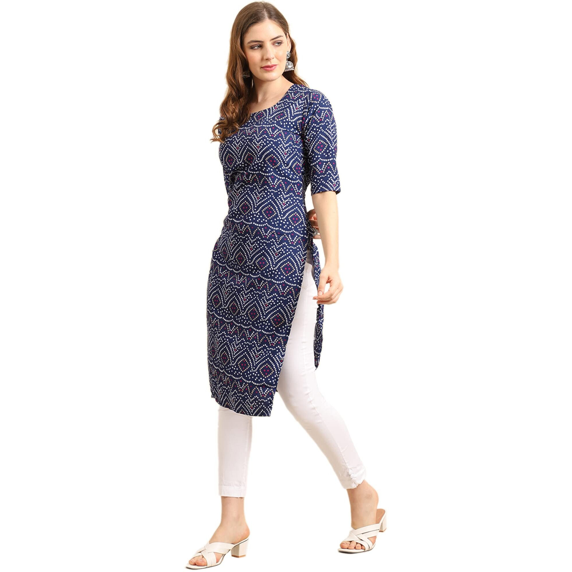 Pinkmint Women's Crepe Blue Color Bandhani Printed Straight Kurti (Ma-530375-Xl)