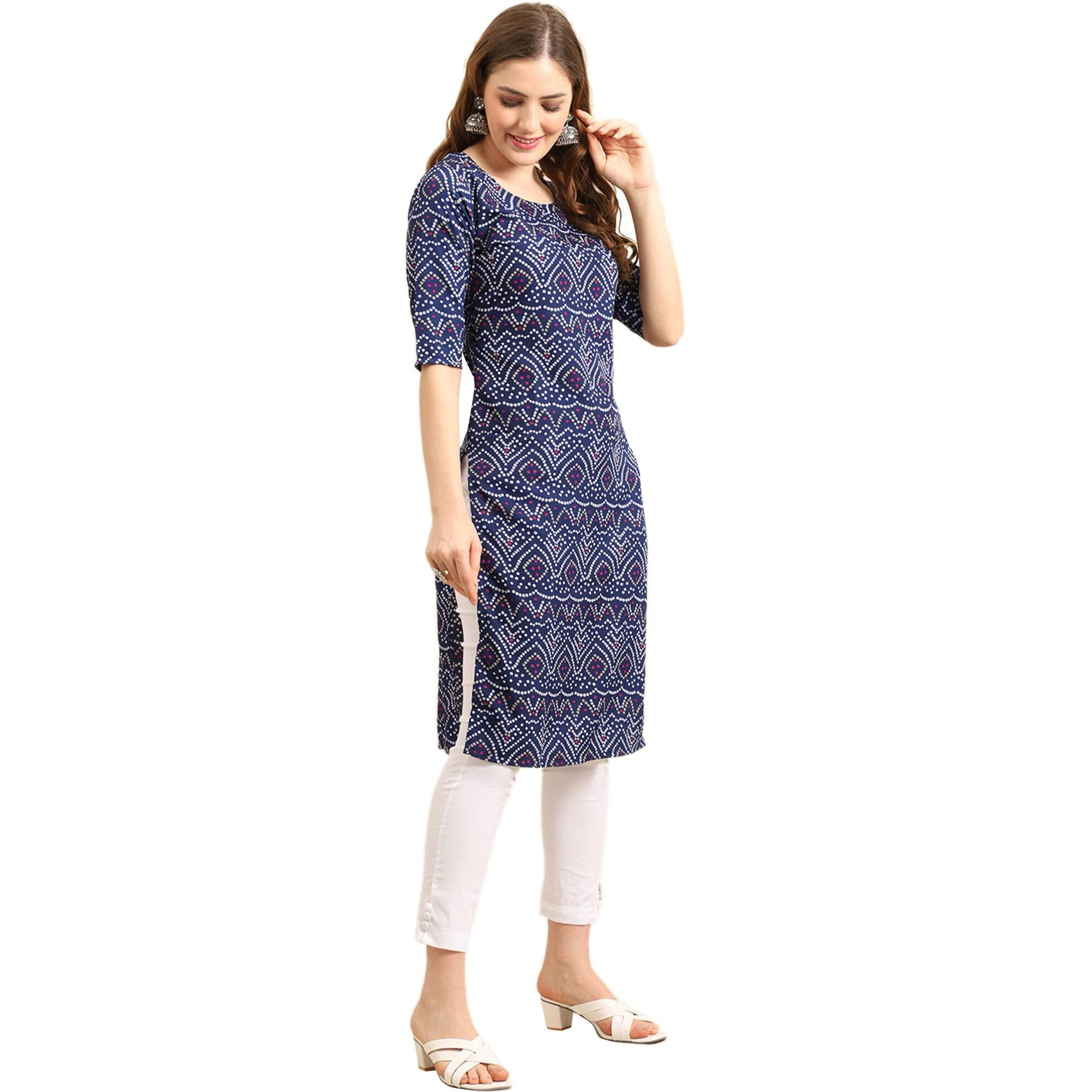Pinkmint Women's Crepe Blue Color Bandhani Printed Straight Kurti (Ma-530375-Xl)