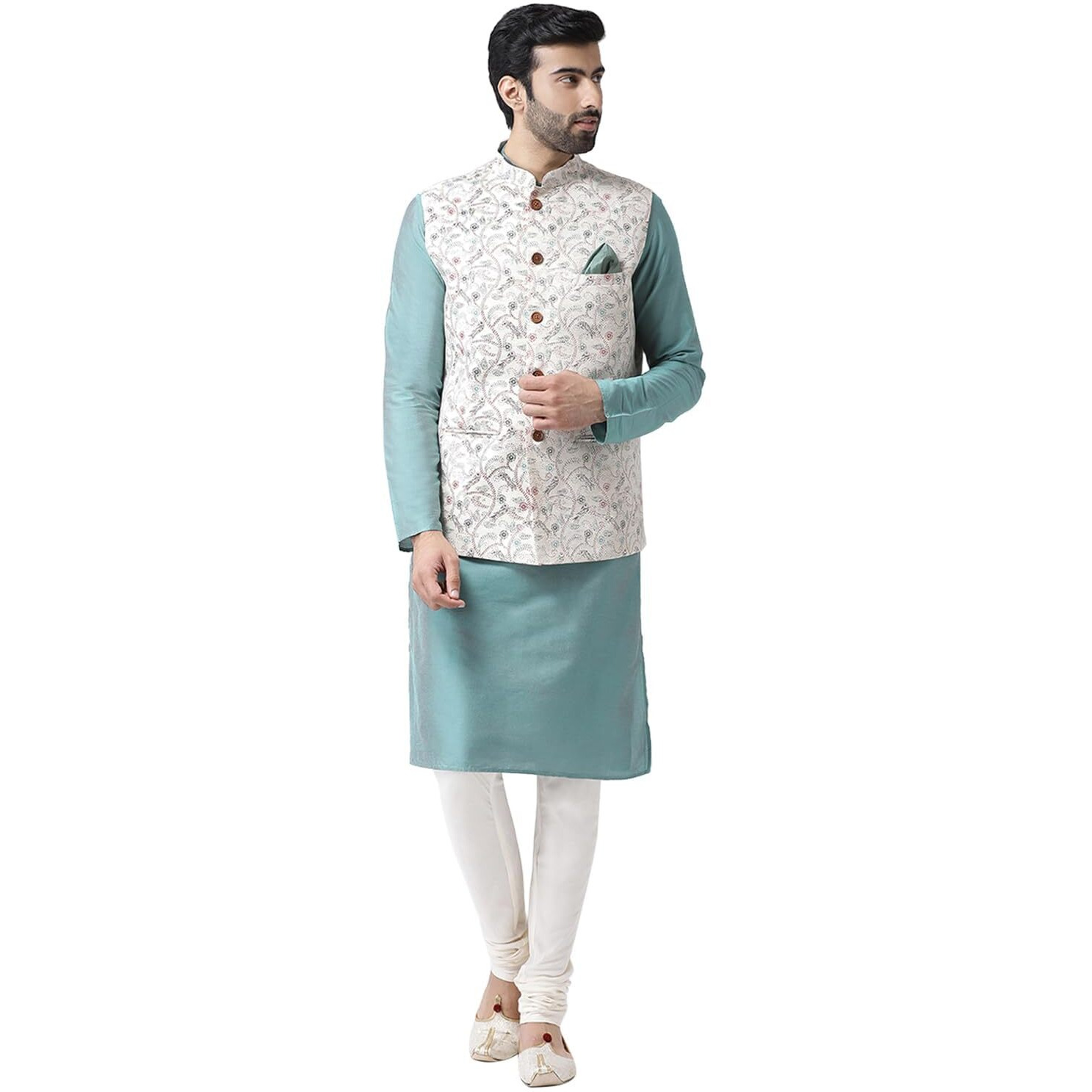 Kisah Men Green White Printed Kurta With Churidar, Full Sleaves, Knee Length, Straight, Regular Fit, Mandarin Collar Ethnic Wear-44
