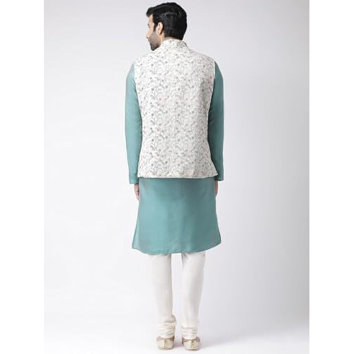 Kisah Men Green White Printed Kurta With Churidar, Full Sleaves, Knee Length, Straight, Regular Fit, Mandarin Collar Ethnic Wear-44