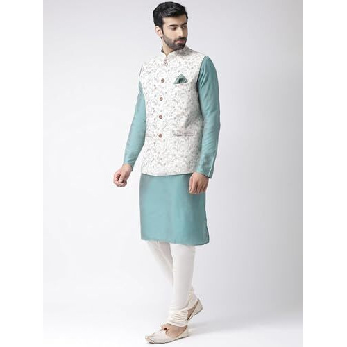 Kisah Men Green White Printed Kurta With Churidar, Full Sleaves, Knee Length, Straight, Regular Fit, Mandarin Collar Ethnic Wear-44