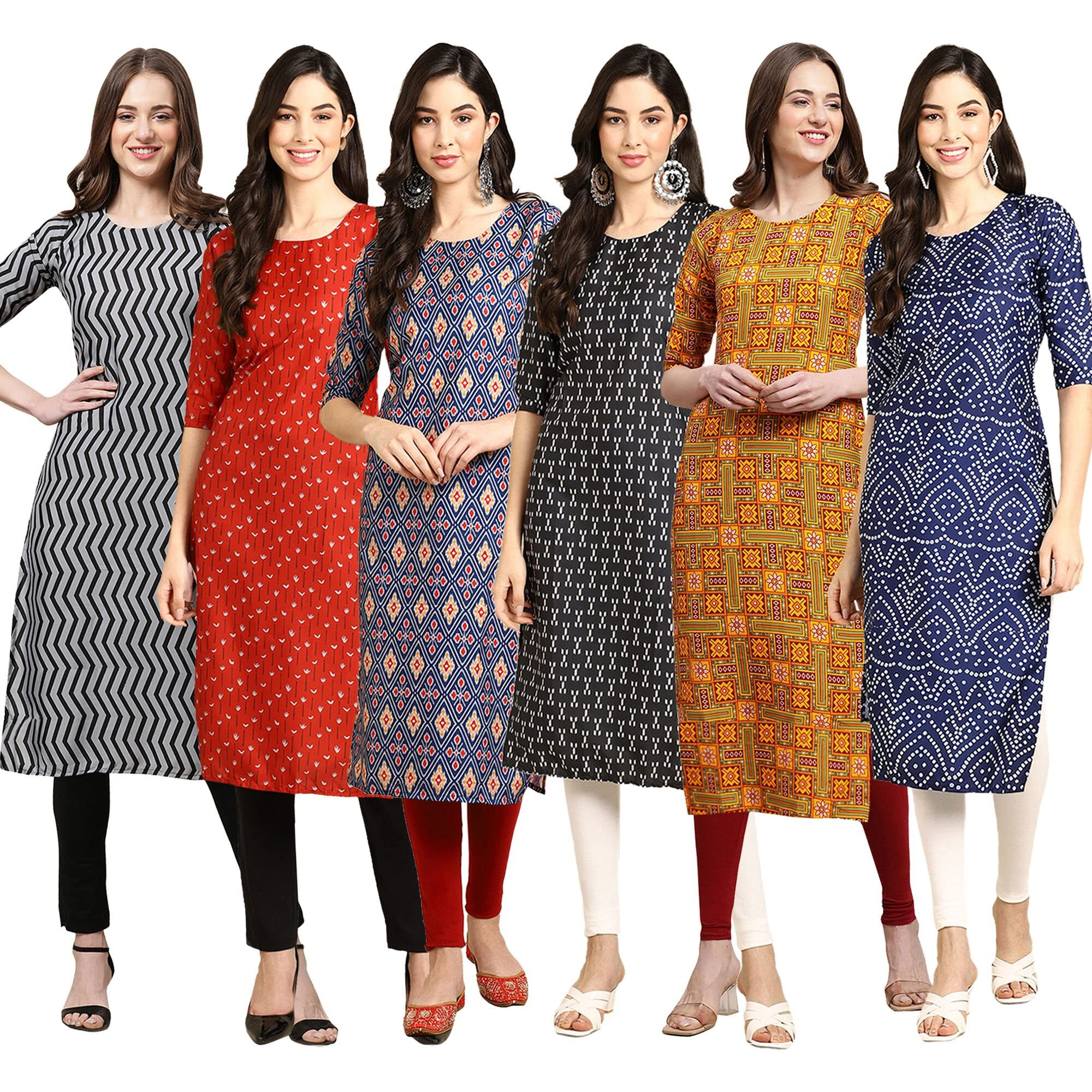 Pinkmint Women's Crepe Digital Print Straight Kurta Pack Of 6 [Cr-336-370-358-362-333-366-L]
