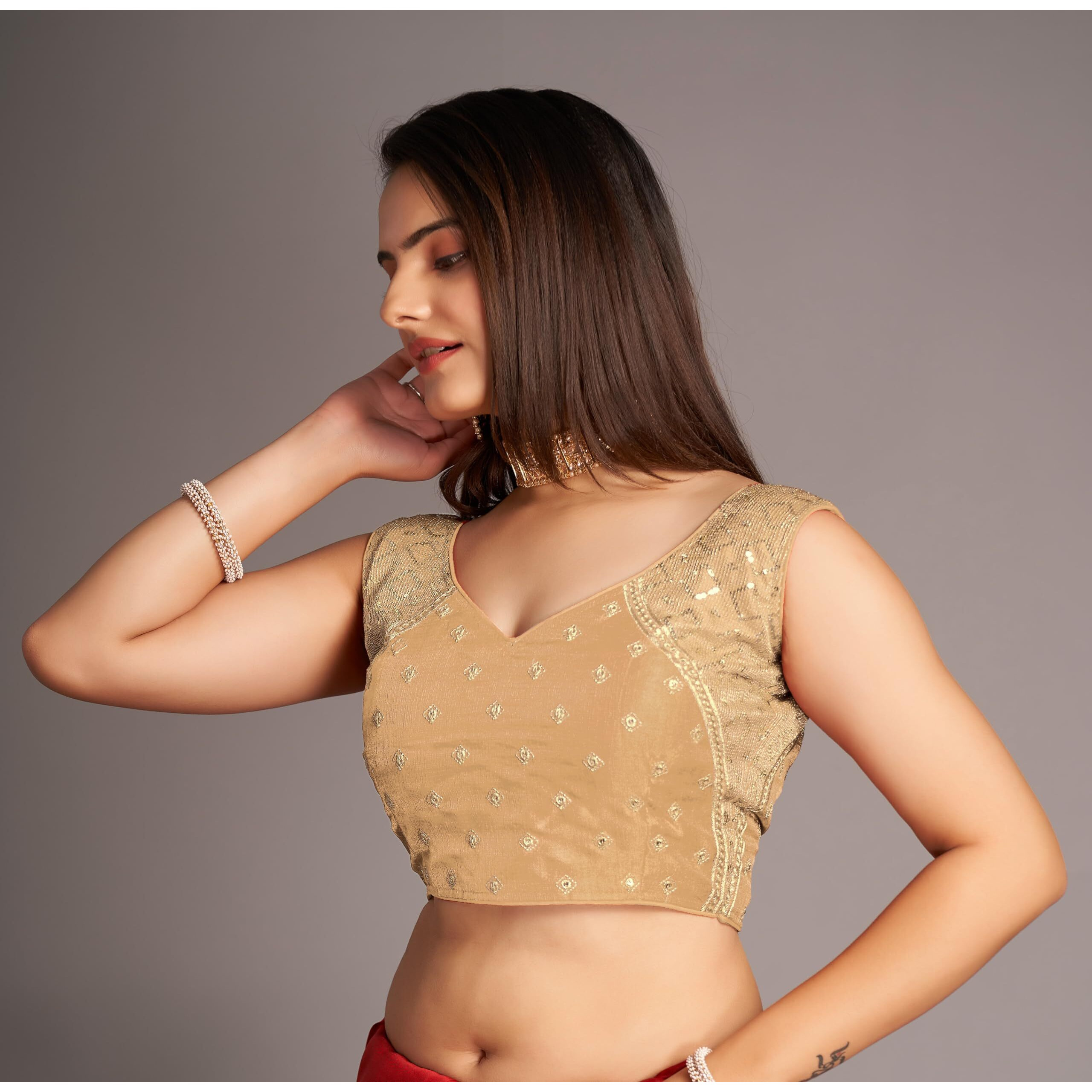 Pujia Mills Women's Sequin Embroidered V Neck Sleeveless Gold Readymade Saree Blouse Indian Ethnic Stitched Padded Blouses For Women