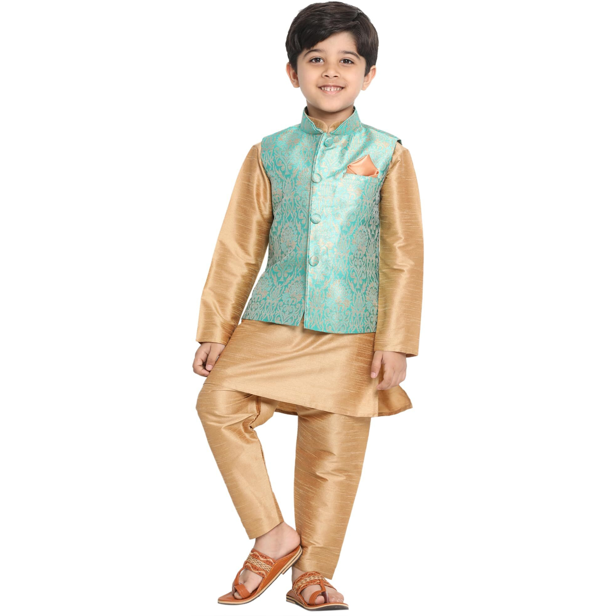 Jbn Creation Boys' Green Silk Blend Jacket, Kurta And Pyjama Set (B1318)