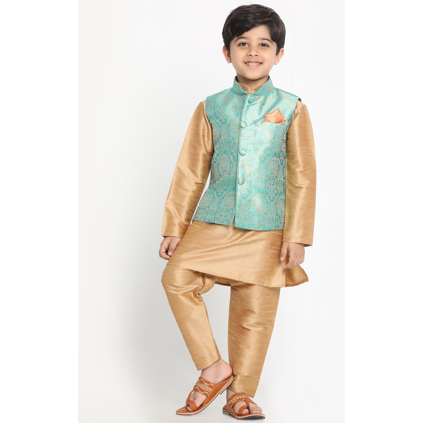 Jbn Creation Boys' Green Silk Blend Jacket, Kurta And Pyjama Set (B1318)