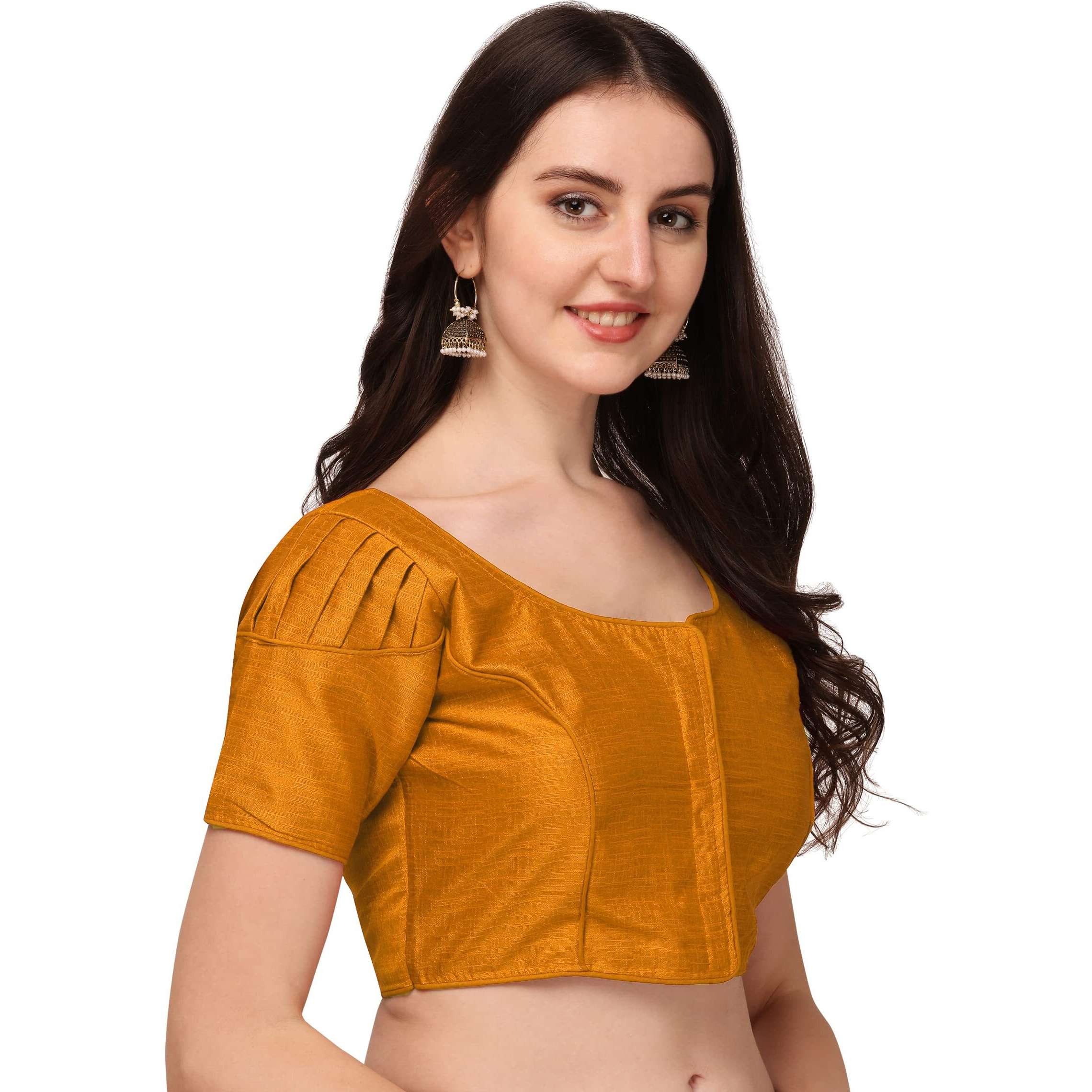Pujia Mills Women's Silk Shoulder Puff Sleeve Readymade Saree Blouse