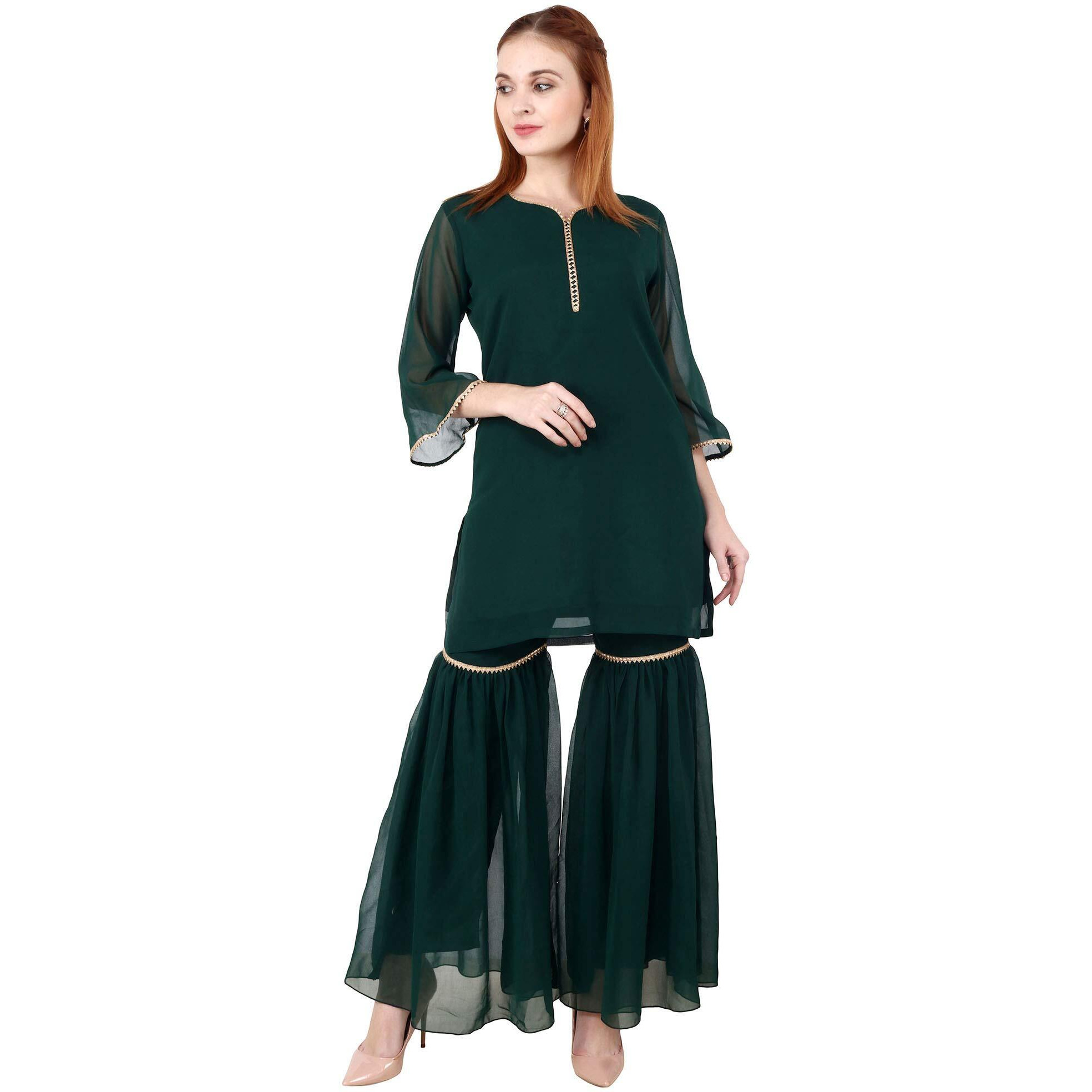 Popwings Casual V-Neck Dark Green Georget Garara Set For Women