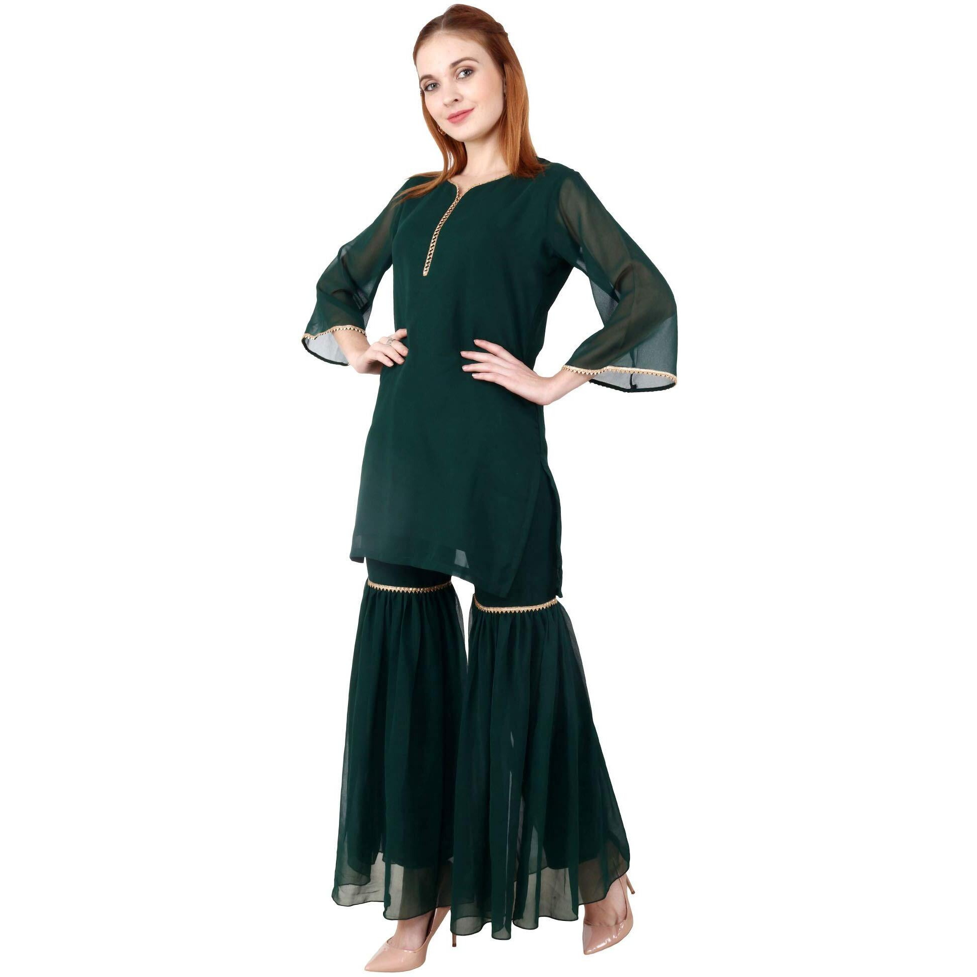 Popwings Casual V-Neck Dark Green Georget Garara Set For Women