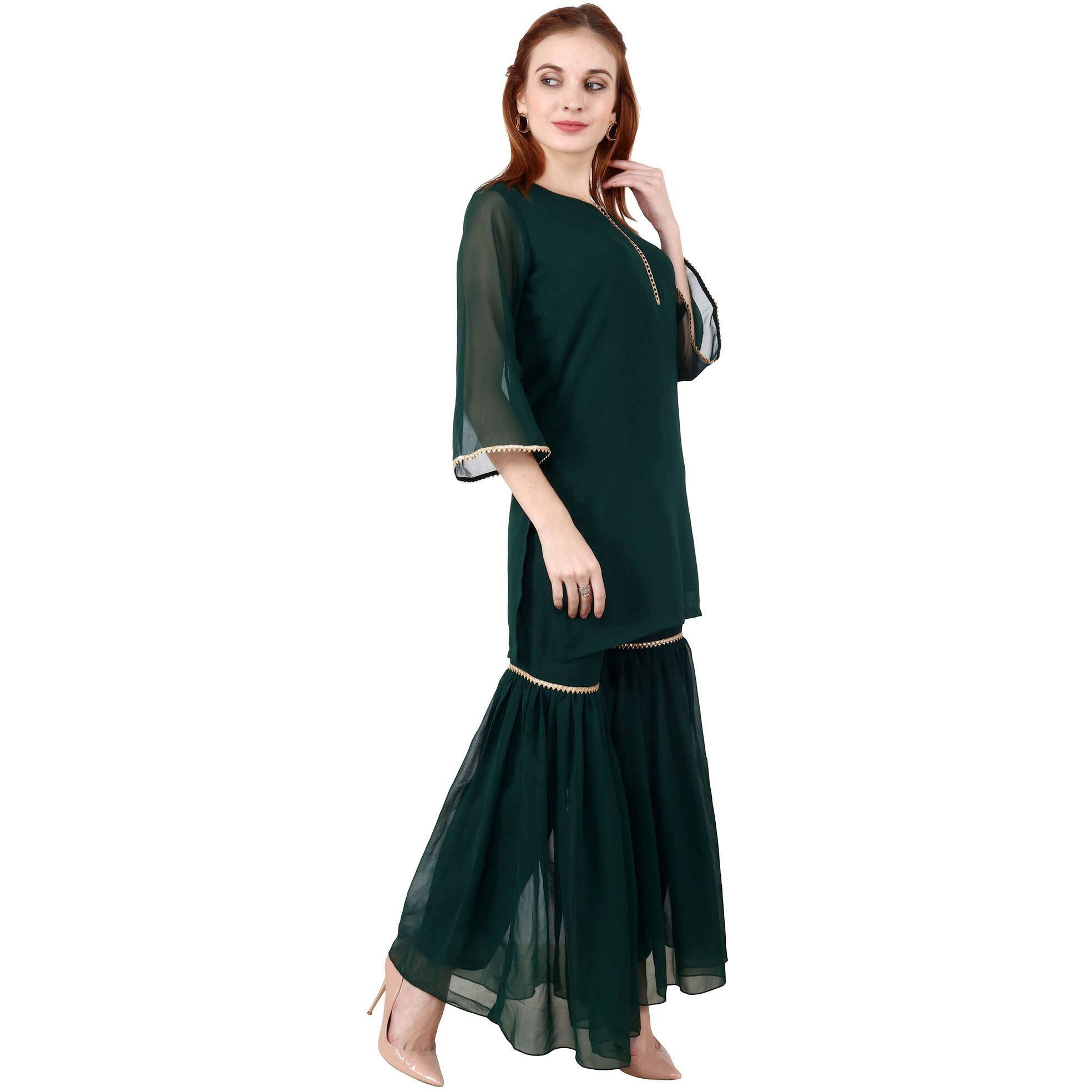 Popwings Casual V-Neck Dark Green Georget Garara Set For Women