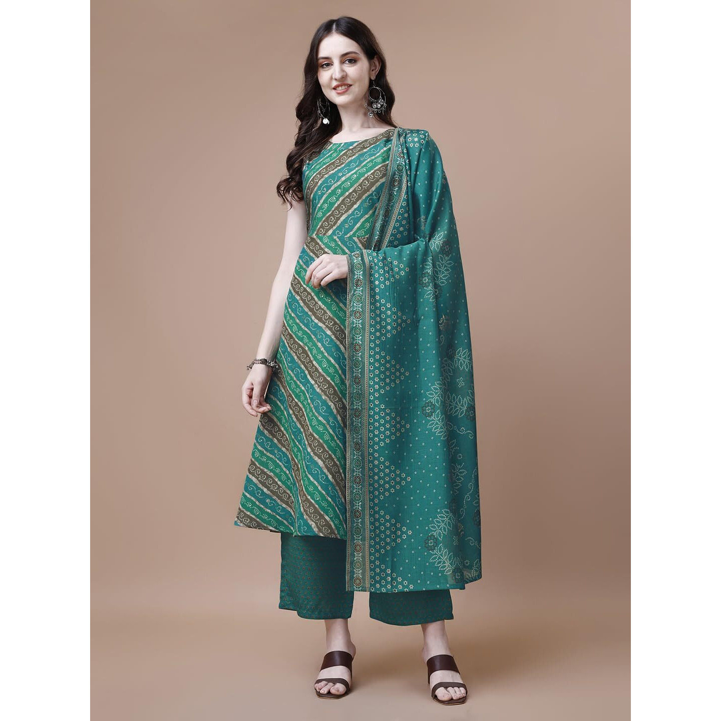 Pratham Blue Kurta Set For Women Cotton Blend Anarkali Printed Kurta Set For Women With Palazzos And Dupatta (Pb-6010-S_Green)