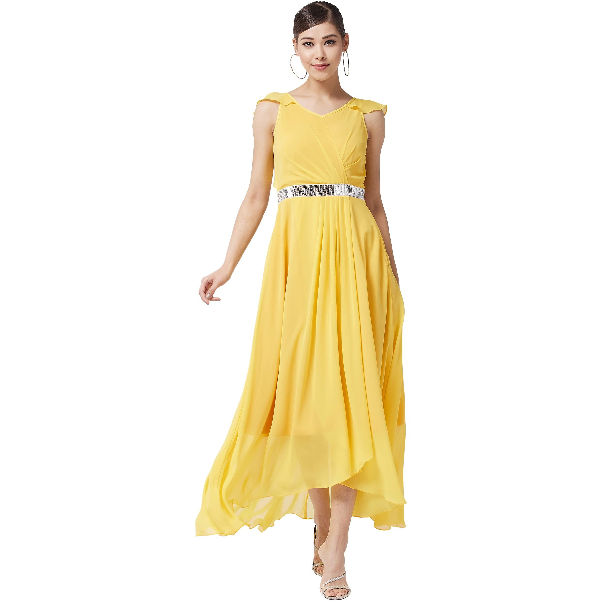 Miss Chase Women's Yellow V-Neck Ruffled Sleeve Solid Embellished Maxi Dress (Mcaw21D06-17-29-03, Yellow, S)