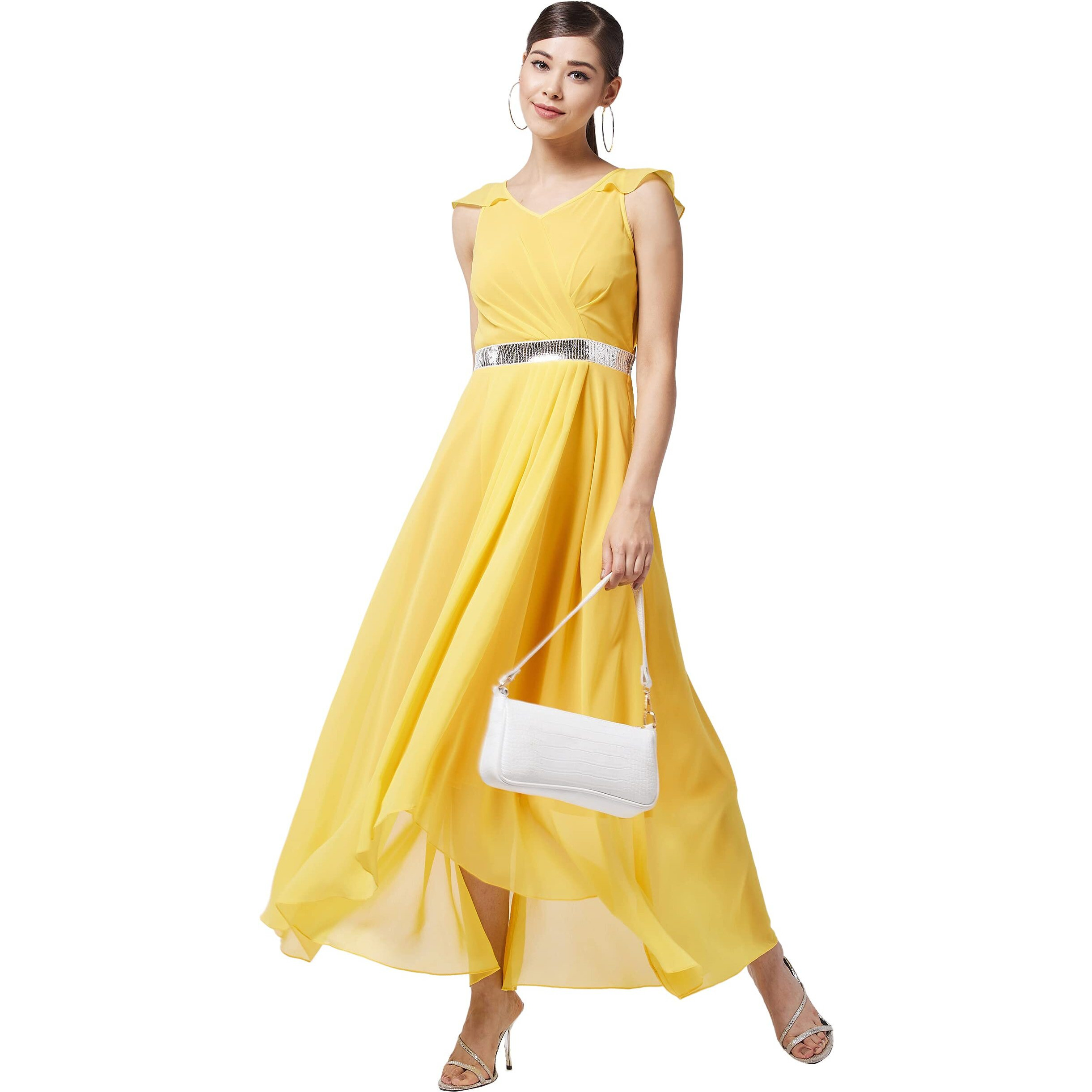 Miss Chase Women's Yellow V-Neck Ruffled Sleeve Solid Embellished Maxi Dress (Mcaw21D06-17-29-03, Yellow, S)