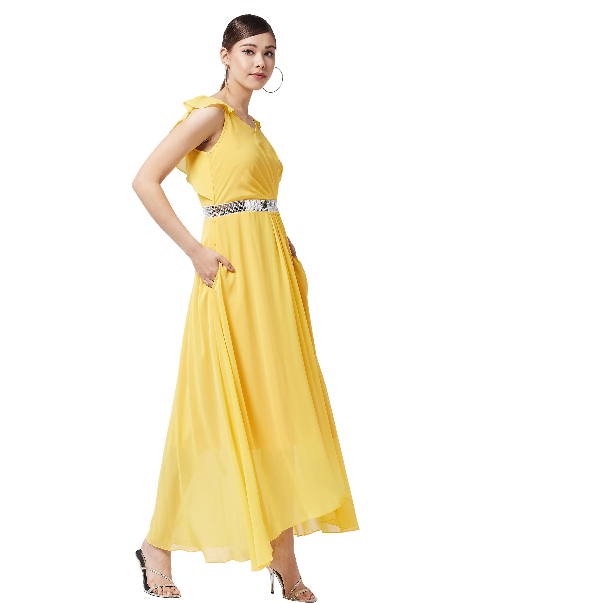 Miss Chase Women's Yellow V-Neck Ruffled Sleeve Solid Embellished Maxi Dress (Mcaw21D06-17-29-03, Yellow, S)