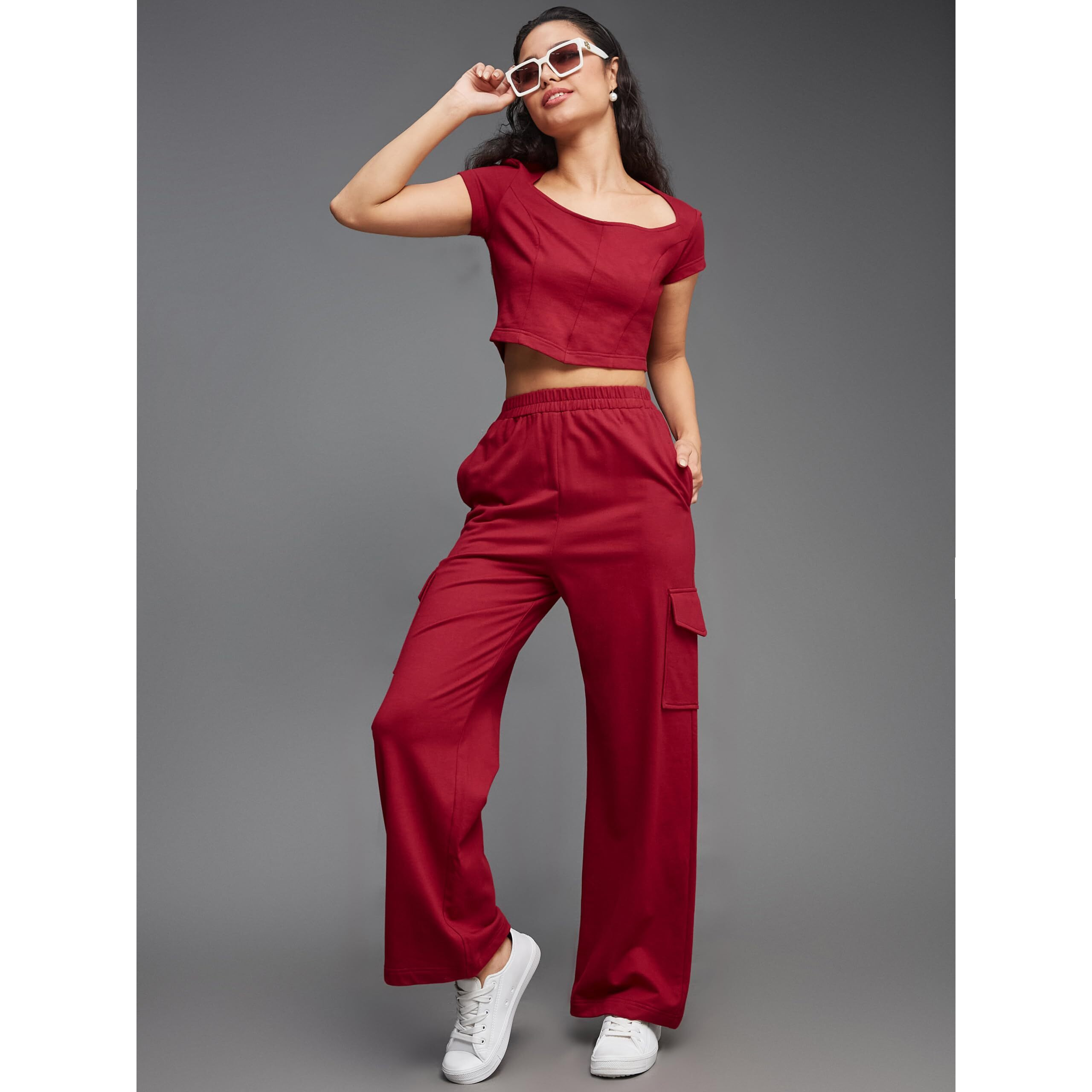 Miss Chase Women's Wide Neck Short Sleeve Solid Regular Length Flap Pocketed Cotton Panelled Co-Ord Set (Mcss23C01-10-143-05, Maroon, L)