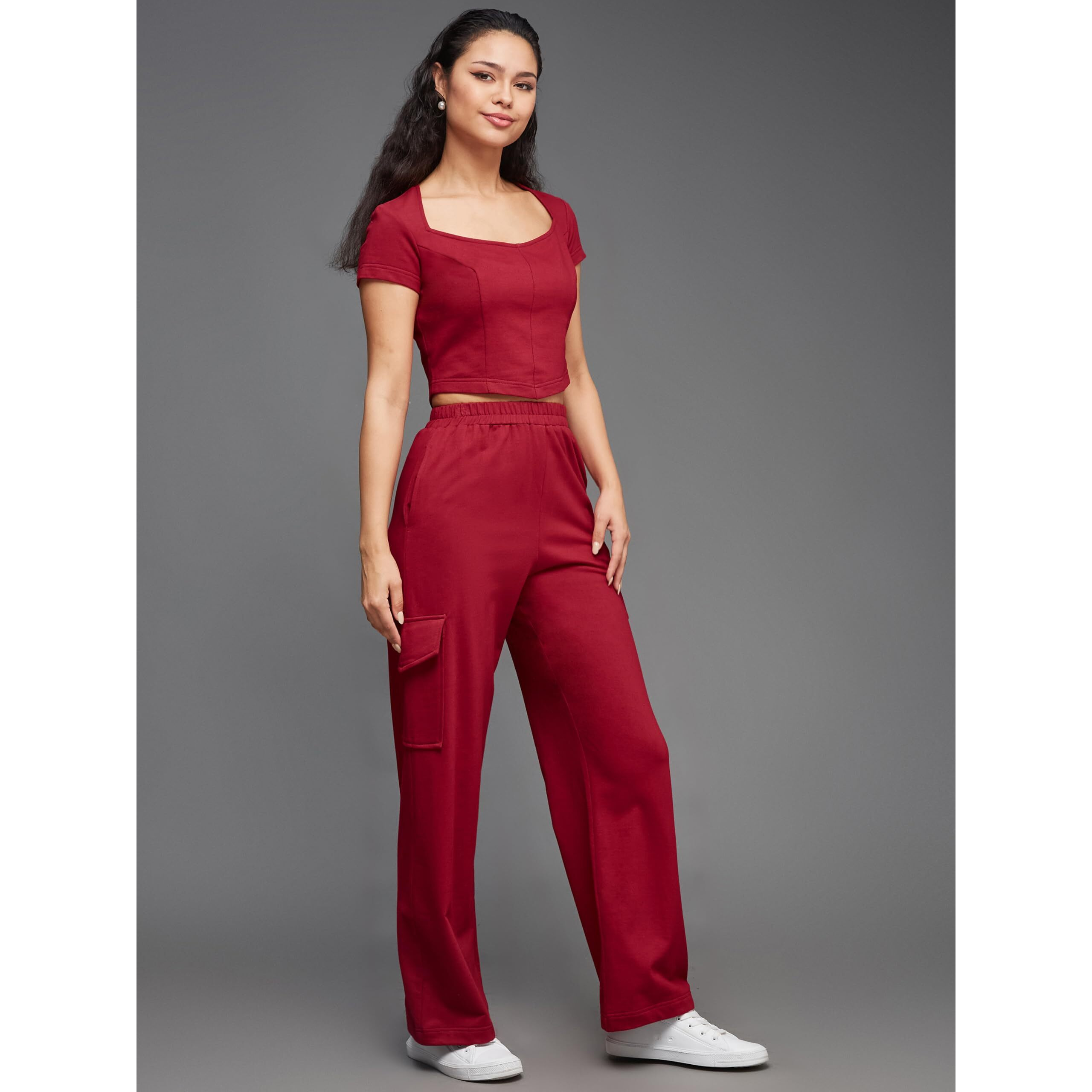 Miss Chase Women's Wide Neck Short Sleeve Solid Regular Length Flap Pocketed Cotton Panelled Co-Ord Set (Mcss23C01-10-143-05, Maroon, L)