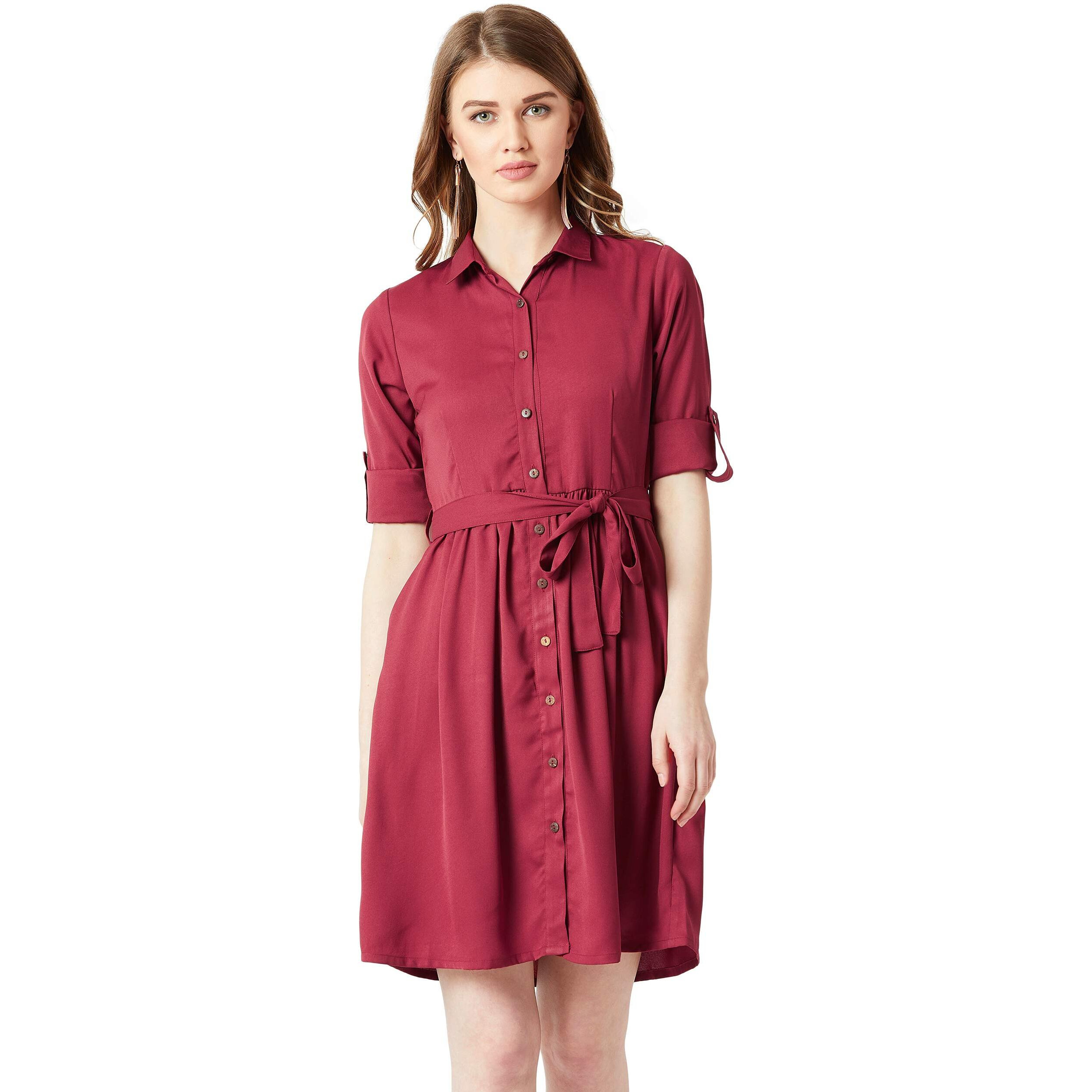 Miss Chase Women's Maroon Solid Belted Shirt Dress(Mcaw18D12-38-143-03,Maroon,Small)
