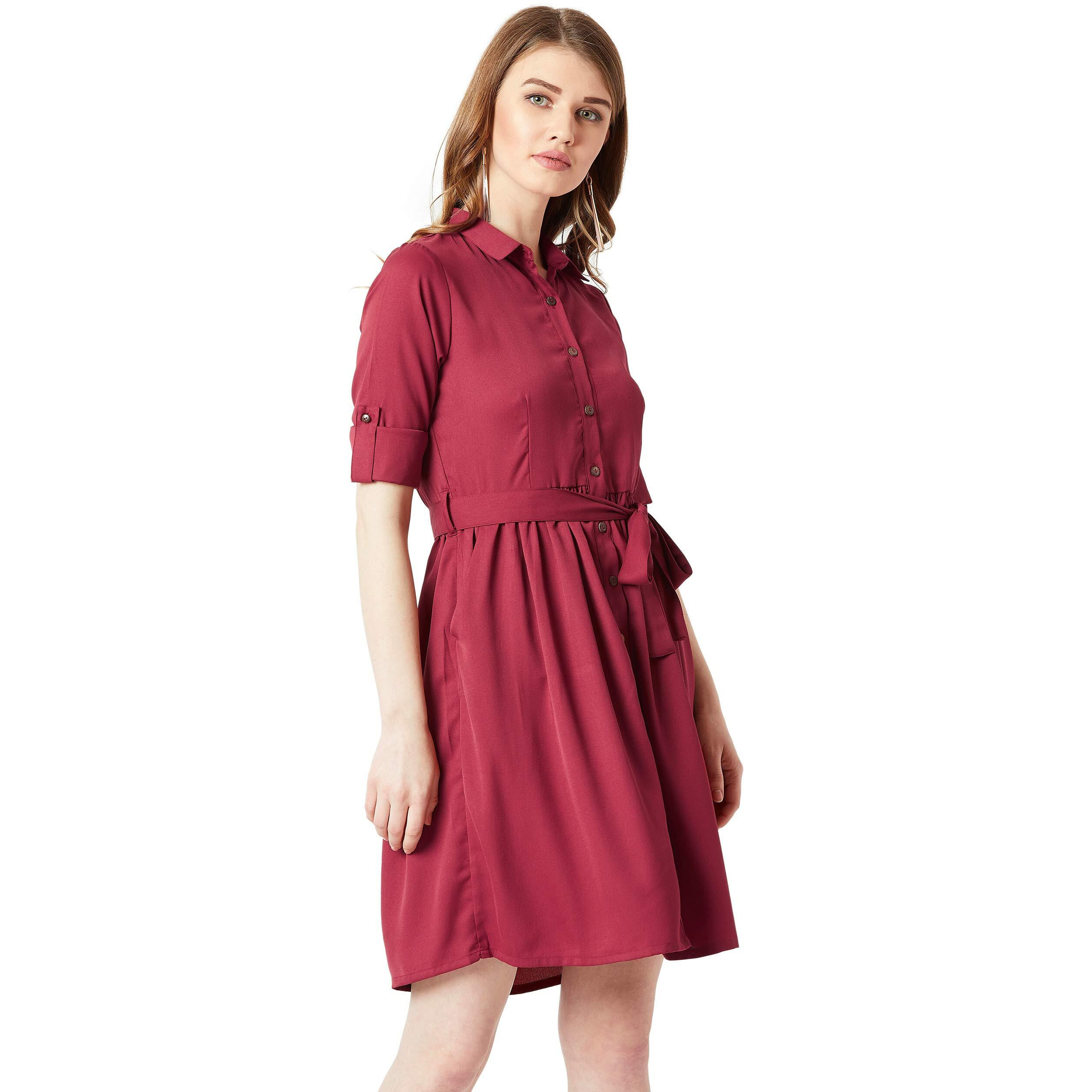 Miss Chase Women's Maroon Solid Belted Shirt Dress(Mcaw18D12-38-143-03,Maroon,Small)