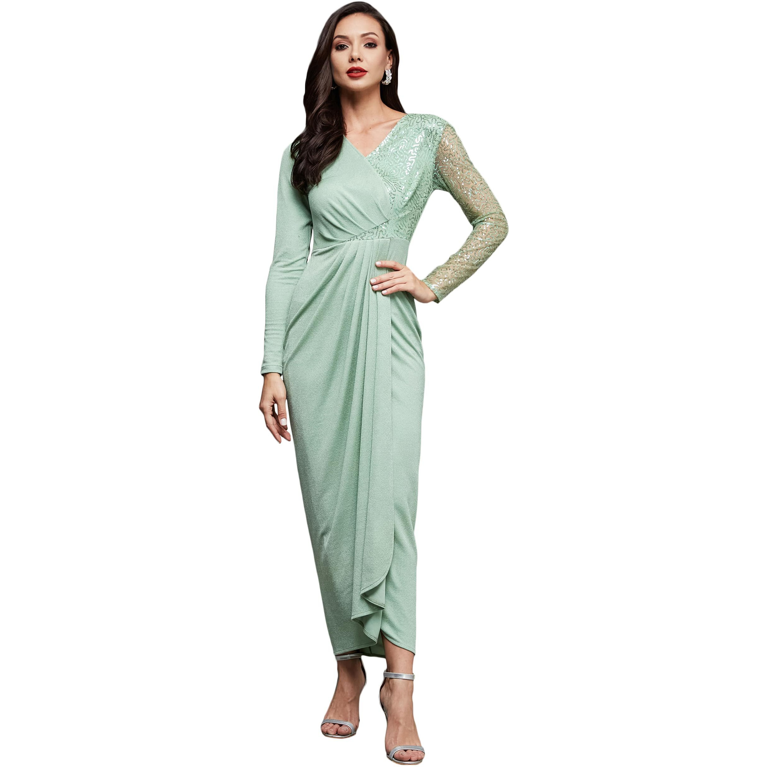 Miss Chase Women's Embellished V-Neck Full Sleeve Pleated Slim Fit Longline Dress (Mcaw23D13-86-79-02, Mint, Xs)