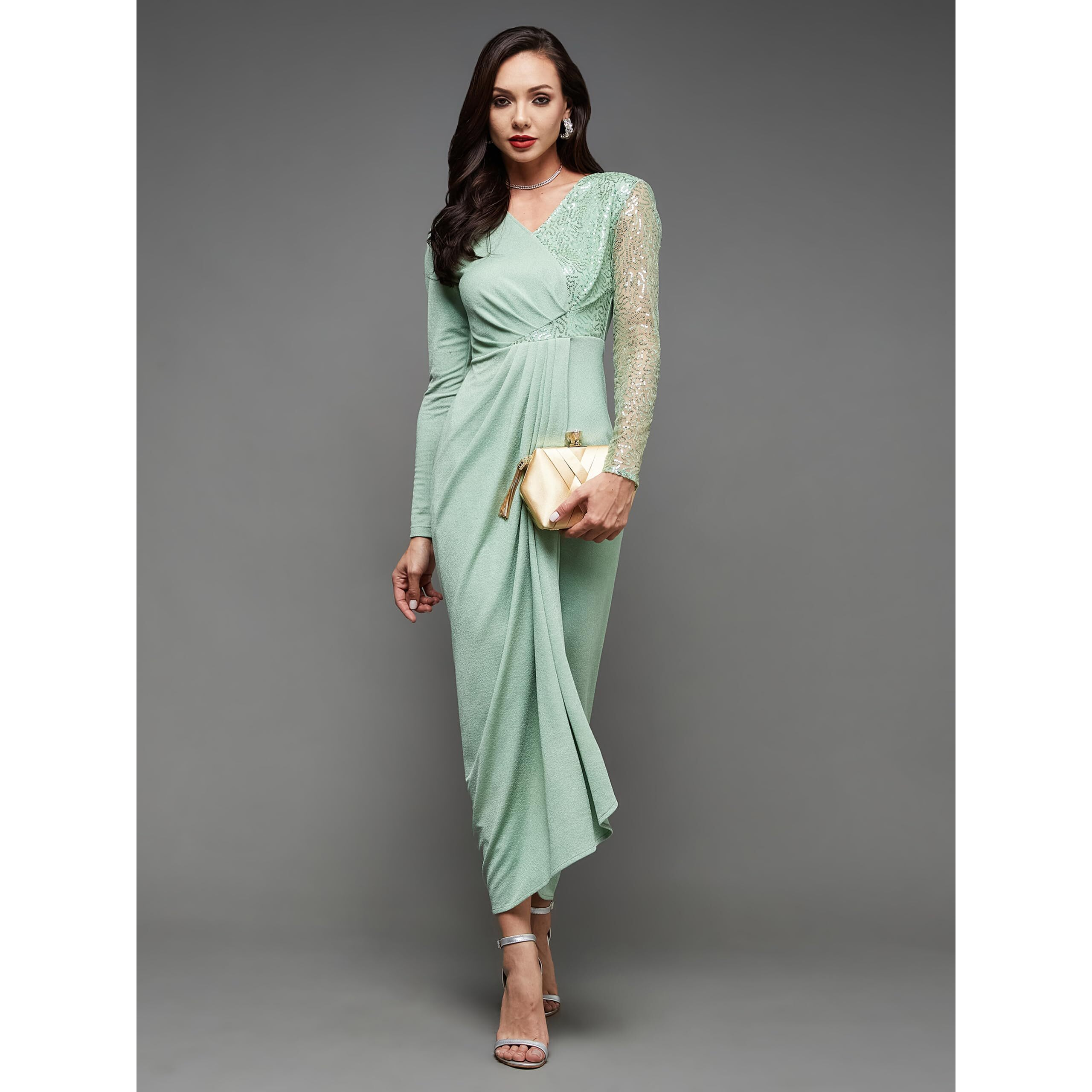 Miss Chase Women's Embellished V-Neck Full Sleeve Pleated Slim Fit Longline Dress (Mcaw23D13-86-79-02, Mint, Xs)