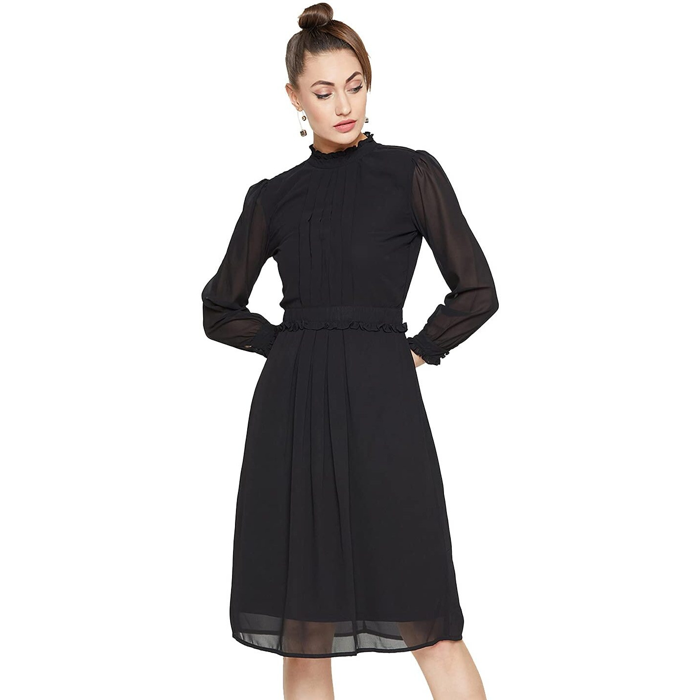 Rare Women's Polyester A-Line Knee-Length Dress (Ep2829B_Black_L)