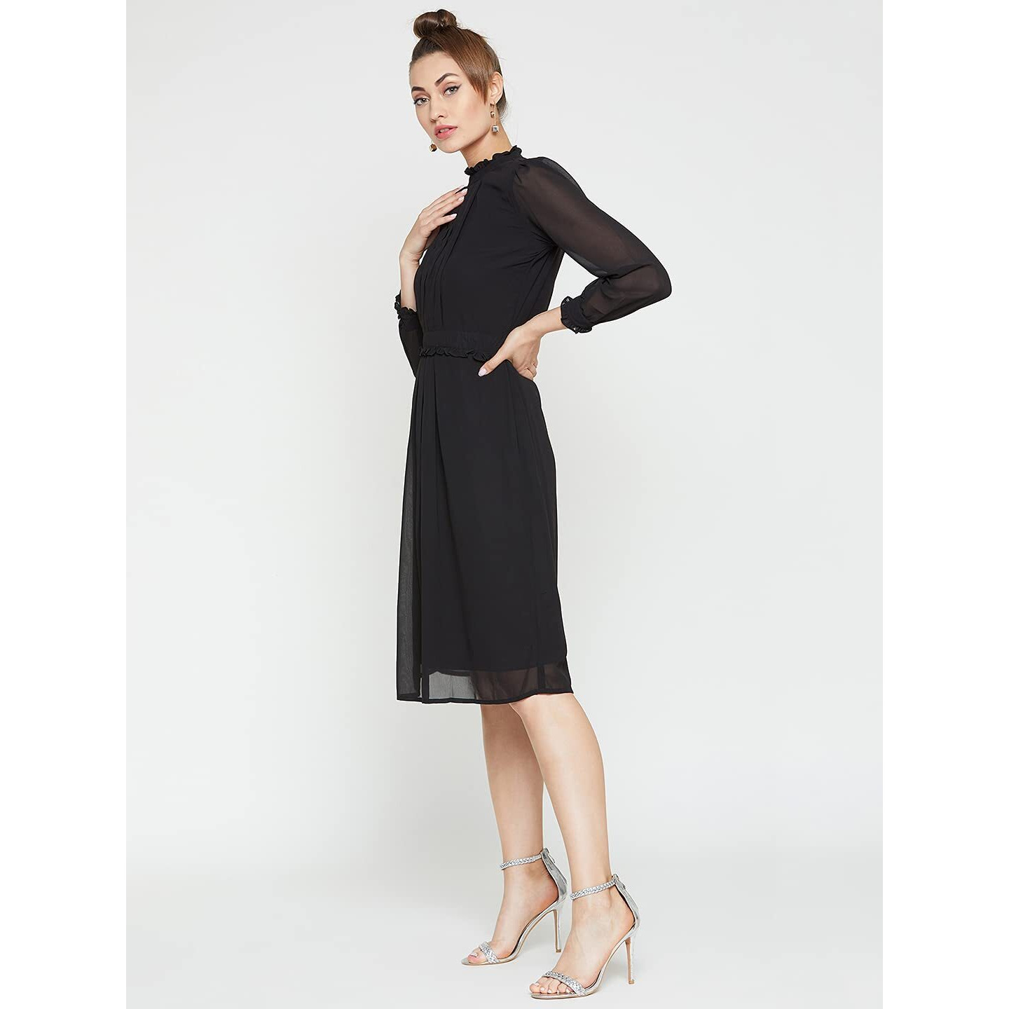 Rare Women's Polyester A-Line Knee-Length Dress (Ep2829B_Black_L)