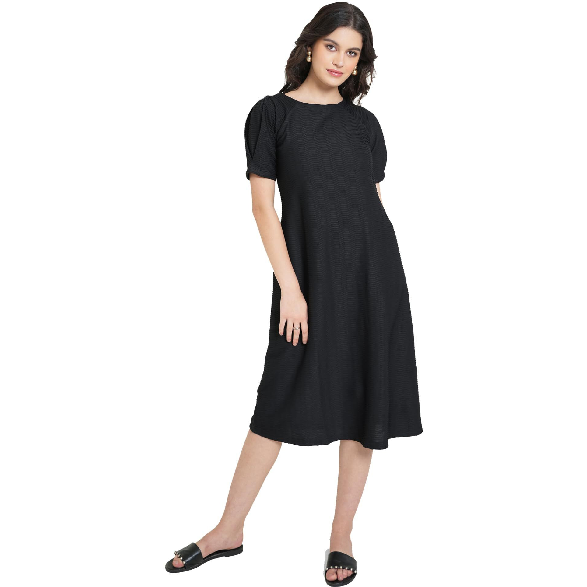 Purvaja Womens A-Line Below Knee Length Dress (Yuvi-011-013) (In, Alpha, L, Black)